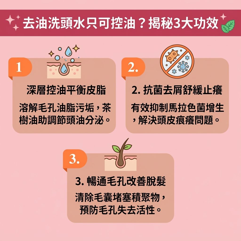這是一張 1:1 扁平化醫美資訊圖表，教導大家【日常頭皮護理】與【正確洗頭方法】。圖中解析去油【洗頭水】成分，指出若【荷爾蒙】失調刺激【皮脂腺】，會產生過多【頭油】與【油脂】。要【解決頭皮出油】及【預防脫髮問題】（避免異常【脫髮】），必須【控制油脂分泌】與【深層清潔頭皮】。

選擇含有溫和【表面活性劑】、【氨基酸】、【水楊酸】、【茶樹油】或【薄荷】成分的產品，能發揮【清爽控油效果】與【抗菌消炎作用】。這不僅能【去除老廢角質】，還能【溫和清潔毛囊】並【改善頭皮環境】。若使用【無矽油配方】（不含【矽油】）洗髮，搭配合適的【護髮素】，能為頭皮鎖住【水分】及保護【蛋白質】。

正確的成分能修護【角質層】以【修復受損屏障】，幫助【保持水油平衡】。這樣能有效【舒緩頭皮敏感】、【減少頭皮痕癢】，甚至【預防頭瘡形成】（避免長【頭瘡】）與消除【頭皮屑】。只要做好【調理頭皮健康】，保護【頭皮】與【毛囊】，就能輕鬆【改善頭髮扁塌】，大幅【增加頭髮蓬鬆度】！