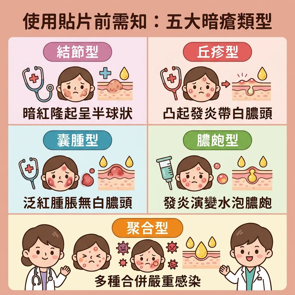 這是一張正方形的扁平化向量醫美資訊圖表，背景採用粉嫩色調，詳細解構三種嚴重暗瘡類型。圖中展示皮膚的角質層及真皮層結構，第一種是類似石頭瘡的結節型；第二種是受細菌感染、帶有膿頭的丘疹；第三種是充滿組織液與膿液的囊腫型暗瘡，這類暗瘡多由粉刺與黑頭惡化而成。

圖表建議日常護理需淨化毛孔、促進代謝及軟化角質。發炎期間可使用含水楊酸、茶樹油或抗菌劑等成分的暗瘡貼或人工皮，具備透氣防水及隱形貼服特性，非常適合妝前使用。只要定時更換，就能吸收分泌物與吸走膿液，達致消炎殺菌。這層保護能隔離細菌及隔絕污染物，發揮保護傷口與預防感染的作用，並防止擠壓。這樣不僅能舒緩鎮靜、改善紅腫及撫平紅腫，更能加速癒合並避免留疤，防止日後形成暗瘡印及凹凸洞。若情況嚴重，建議尋求完美醫療等專業機構幫助處理深層傷口。