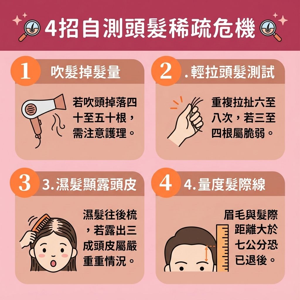 這是一張 1:1 正方形的扁平化向量插畫，採用可愛的台灣健康部落格資訊格風格，教導大家如何透過四招自我檢測【頭髮稀疏】的徵兆，並及早【改善頭髮稀疏】。當【頭皮】的【皮脂腺】異常，若未能好好【抑制油脂分泌】或【溫和清潔頭皮】以做好【日常頭皮護理】，極易引發【馬拉色菌】過度繁殖。這會造成【角質層】受損、【毛囊炎】、【頭瘡】與【頭皮屑】增生，進而需要【解決頭皮痕癢】、【減少頭皮屑】與【舒緩頭皮紅腫】。

圖表提醒，如果不注重【頭皮深層清潔】與【解決毛孔堵塞】，加上【雄性禿】、【雙氫睪酮】及【荷爾蒙】失調的影響，會嚴重損害【毛囊】並導致異常【脫髮】。及時的檢測有助於【改善頭皮環境】。日常飲食應多補充【蛋白質】與【氨基酸】以【補充頭髮營養】，並促進【血液循環】來【延緩頭髮老化】，保護髮絲的【黑色素】。

為了【強健脆弱髮根】、【刺激毛囊再生】、【激活休眠毛囊】並【延長生長週期】，達到【促進頭髮生長】與【增加頭髮密度】的目標，初期可考慮使用含【米諾地爾】的【生髮水】作為【預防脫髮方法】。若落髮情況嚴重，則建議尋求【專業生髮療程】或【植髮】手術來徹底解決危機！