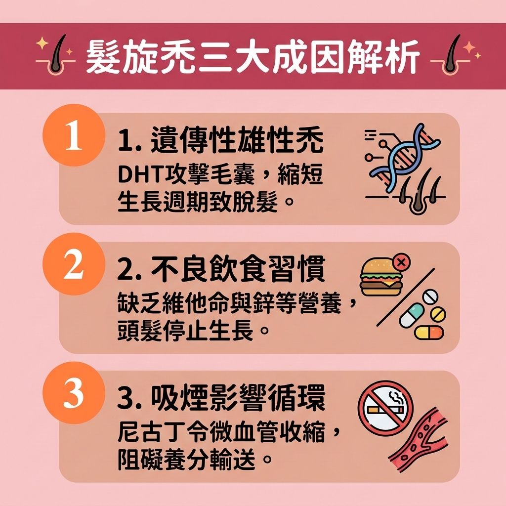 這是一張1:1正方形扁平化向量資訊圖表插畫，採用台灣健康部落格風格，詳細解析【女性頭頂稀疏】及【髮旋稀疏】的三大【雄性禿成因】。當【遺傳】或【雌激素】改變，體內【睪酮】等【荷爾蒙】會轉化為【雙氫睪酮】，攻擊【毛囊】導致【雄性禿】與【遺傳性脫髮】。不良飲食與吸菸會影響【頭皮】的【血液循環】，加上【皮脂腺】的【頭皮油脂分泌】異常，易引發【毛囊炎】與【脂溢性脫髮】，最終演變成【地中海脫髮】與嚴重【脫髮】，影響【頭頂】與【髮旋】的外觀。

圖表建議，為了【預防頭頂脫髮】與【改善頭髮稀疏】，日常可透過【防脫髮洗頭水】（善用【咖啡因洗髮露功效】中的【咖啡因】成分）及優質【洗頭水】來幫助【強健髮根】與【減少掉髮】。醫學上可使用【口服生髮藥】（如【非那斯特萊】）來【抑制荷爾蒙】，或塗抹【外用生髮水】（如含【米諾地爾】的【生髮水】），幫助【激活休眠毛囊】，【延長生長週期】，達到【促進頭髮生長】的效果。若情況嚴重，