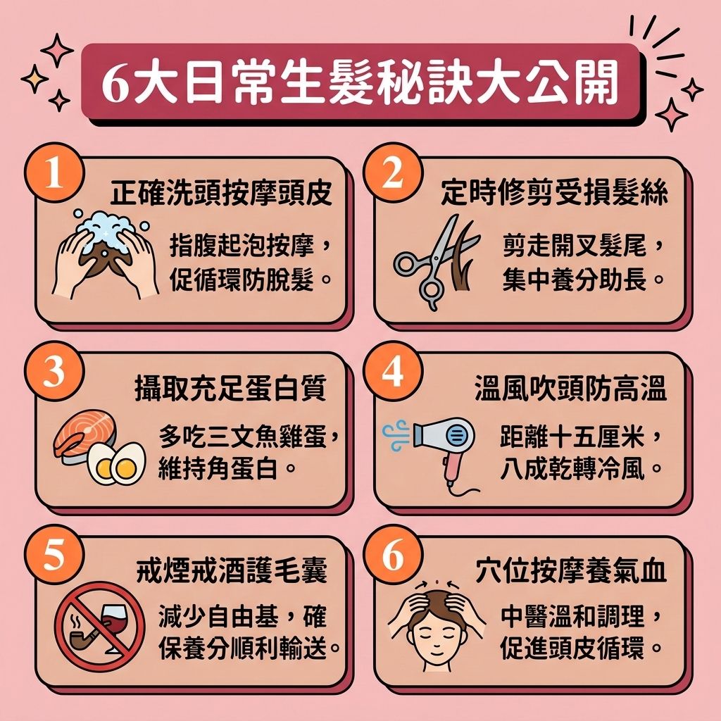 這是一張 1:1 正方形的扁平化向量資訊圖表插畫，結合美式漫畫普普風與台灣健康部落格風格，介紹【預防脫髮方法】與【日常頭皮護理】。無論面對【女性脫髮原因】或【男性脫髮危機】，皆可透過6大秘訣【促進頭髮生長】。首先要【溫和清潔頭皮】，保護【角質層】與【皮脂腺】，避免【頭皮油脂分泌】過盛，並【解決毛孔堵塞】。洗髮時可搭配含【咖啡因】或【胺基酸】的產品，並做好【頭皮保濕護理】以【舒緩頭皮敏感】。

飲食上遵循【生髮食物推薦】，【補充頭髮營養】如【蛋白質】、【鐵質】、【維他命】與【膠原蛋白】，能【強健髮根】並【減少掉髮】。日常配合穴位按摩，能【改善頭皮血液循環】及全身【血液循環】。

若有【雄性禿】或嚴重【脫髮】困擾，體內【荷爾蒙】轉化為【雙氫睪酮】會攻擊【毛囊】，此時單靠保養不夠。建議尋求【專業生髮療程】或【激光生髮】，或使用【抑制荷爾蒙】的【非那斯特萊】及含【米諾地爾】的【生髮水】，以【激活休眠毛囊】、【延長生長週期】並【改善頭髮稀疏】。最終亦可考慮【植髮】來重拾濃密秀髮。