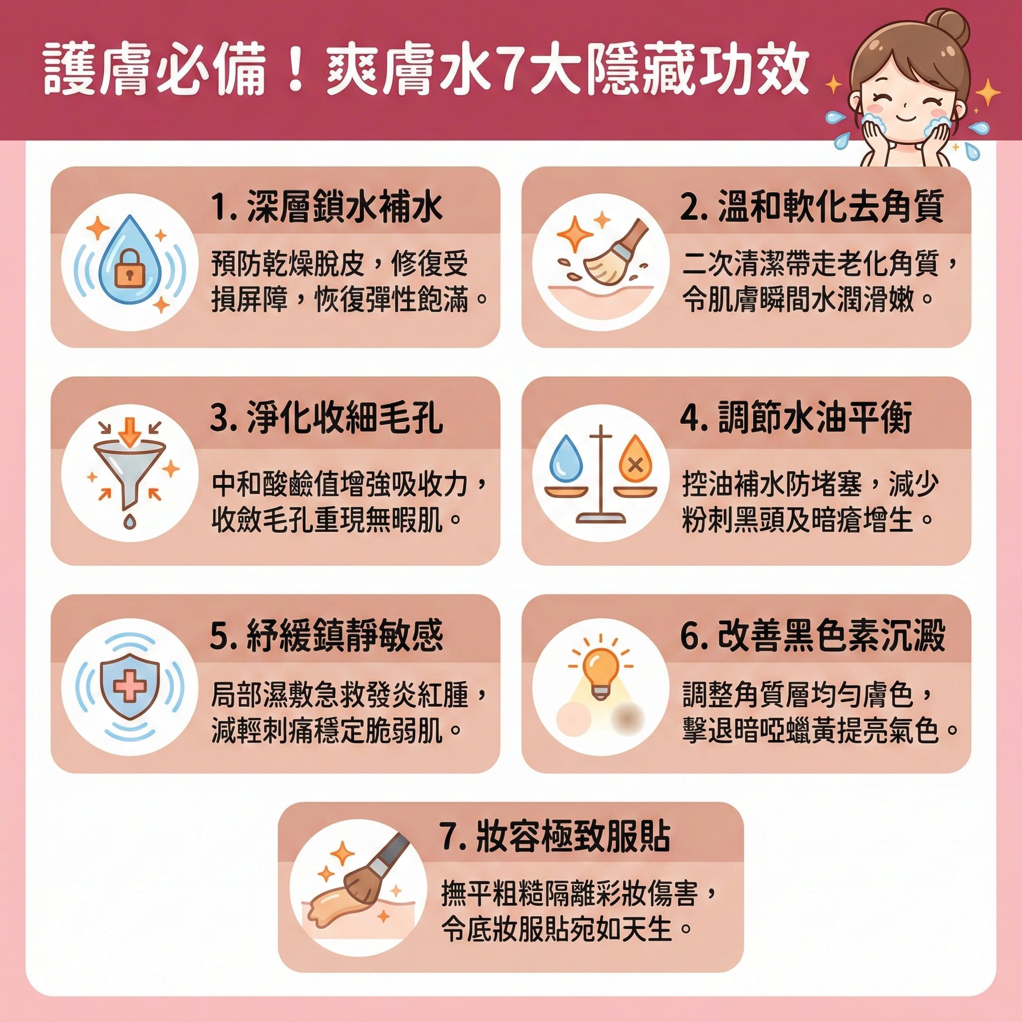 這是一張關於爽膚水（又稱化妝水）功效的台灣健康部落格風格資訊圖表。圖表指出它作為必備的護膚品，能為乾性肌膚、混合肌與油性肌膚提供深層保濕與補充水分，並達到長效鎖水。其成分如透明質酸、水楊酸或果酸能發揮溫和不刺激的二次清潔功效，有效軟化角質及溶解老廢角質，從而保護角質層並修復皮膚屏障。

深入皮脂腺與毛孔後，它能控制油脂分泌與調節水油平衡，達到收細毛孔、減少黑頭粉刺的目標，有效清除粉刺與黑頭。這極大有助於預防暗瘡，對抗暗瘡困擾。

圖表亦顯示，若含有積雪草等精華液成分，能為敏感肌提供舒緩泛紅與鎮靜肌膚的效果，發揮抗菌消炎作用。整體而言，它不僅能改善粗糙膚質、提亮暗沉膚色，更能促進後續吸收。圖表最後建議若有嚴重困擾，可尋求專業醫學美容，並強烈推薦完美醫療的專業暗瘡分手療程，為您打造健康透亮無瑕肌！