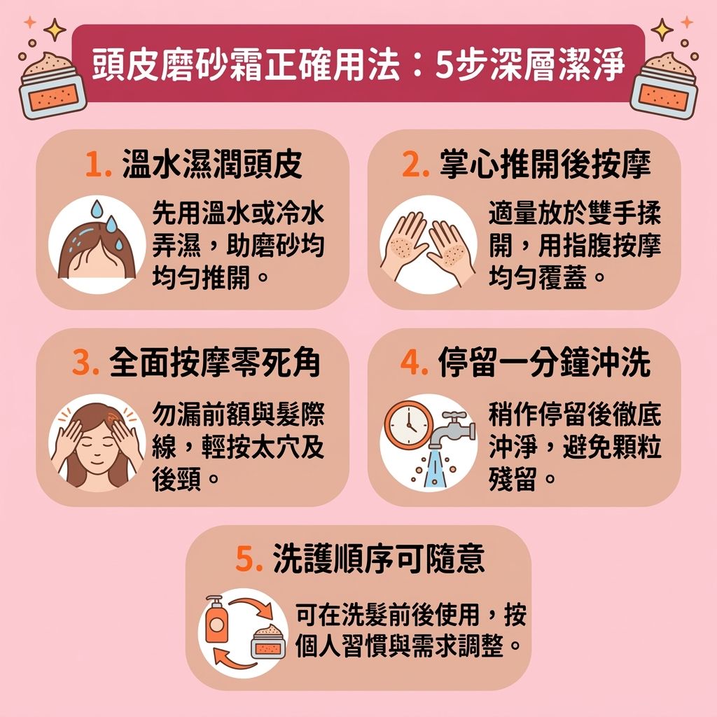 這是一張 1:1 扁平化醫美資訊圖表，教導大家【正確洗頭步驟】與【日常頭皮護理】。圖中示範如何使用含【海鹽】與【氨基酸】的【磨砂膏】。若【皮脂腺】分泌過多【油脂】，會累積【角質】與【污垢】，引發【頭瘡】、【頭皮屑】與【脫髮】。

為了【預防脫髮問題】與【減少頭皮屑】，必須【溫和清潔毛孔】並【徹底清除污垢】。在【洗頭水】與【護髮素】護理中加入磨砂步驟，能【深層清潔頭皮】、【去除老廢角質】，有效【控制油脂分泌】以【保持水油平衡】。

這能【改善頭皮環境】、【解決頭皮痕癢】與【舒緩頭皮敏感】，避免【毛孔】與【毛囊】堵塞（【預防毛囊堵塞】）。配合指腹按摩能【促進血液循環】與維持良好的【血液循環】，幫助【頭皮】吸收【水分】與【營養】。

這不僅能【修復受損屏障】、【強健脆弱髮根】保護【髮根】與【髮絲】，更能【刺激毛囊再生】。最終有效【改善頭髮扁塌】並大幅【增加頭髮蓬鬆度】！