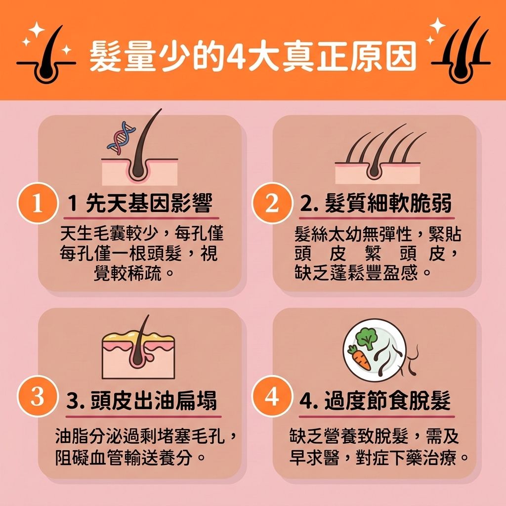 這是一張 1:1 正方形的扁平化向量資訊圖表插畫，深入分析【髮量少】的四大成因與實用的【預防脫髮方法】。當【頭皮】的【皮脂腺】分泌失衡，且缺乏【溫和清潔頭皮】與【日常頭皮護理】時，會破壞脆弱的【角質層】，引發【頭瘡】與【頭皮屑】。若不及時【抑制頭皮油脂】、進行【頭皮深層清潔】以【解決毛孔堵塞】，將會引發嚴重的【脫髮】。

體內的【荷爾蒙】如【雌激素】驟降，或異常轉化為【雙氫睪酮】誘發【雄性禿】時，會猛烈攻擊【毛囊】與【髮根】。此外，過度節食導致缺乏【蛋白質】、【氨基酸】與不良的【血液循環】，會使【頭髮】失去【黑色素】並加速掉落。

為了【強健脆弱髮根】、【延緩毛囊老化】並【舒緩頭皮敏感】，我們必須積極【補充頭髮營養】及【改善頭皮環境】。醫學界建議可使用【生髮水】來【刺激毛囊再生】與【激活休眠毛囊】。這些【專業生髮療程】能有效【延長生長週期】、【促進頭髮生長】並【減少掉髮數量】。最終達到【改善頭髮稀疏】、【增加頭髮密度】與【增加頭髮厚度】的理想目標。若毛囊已壞死，