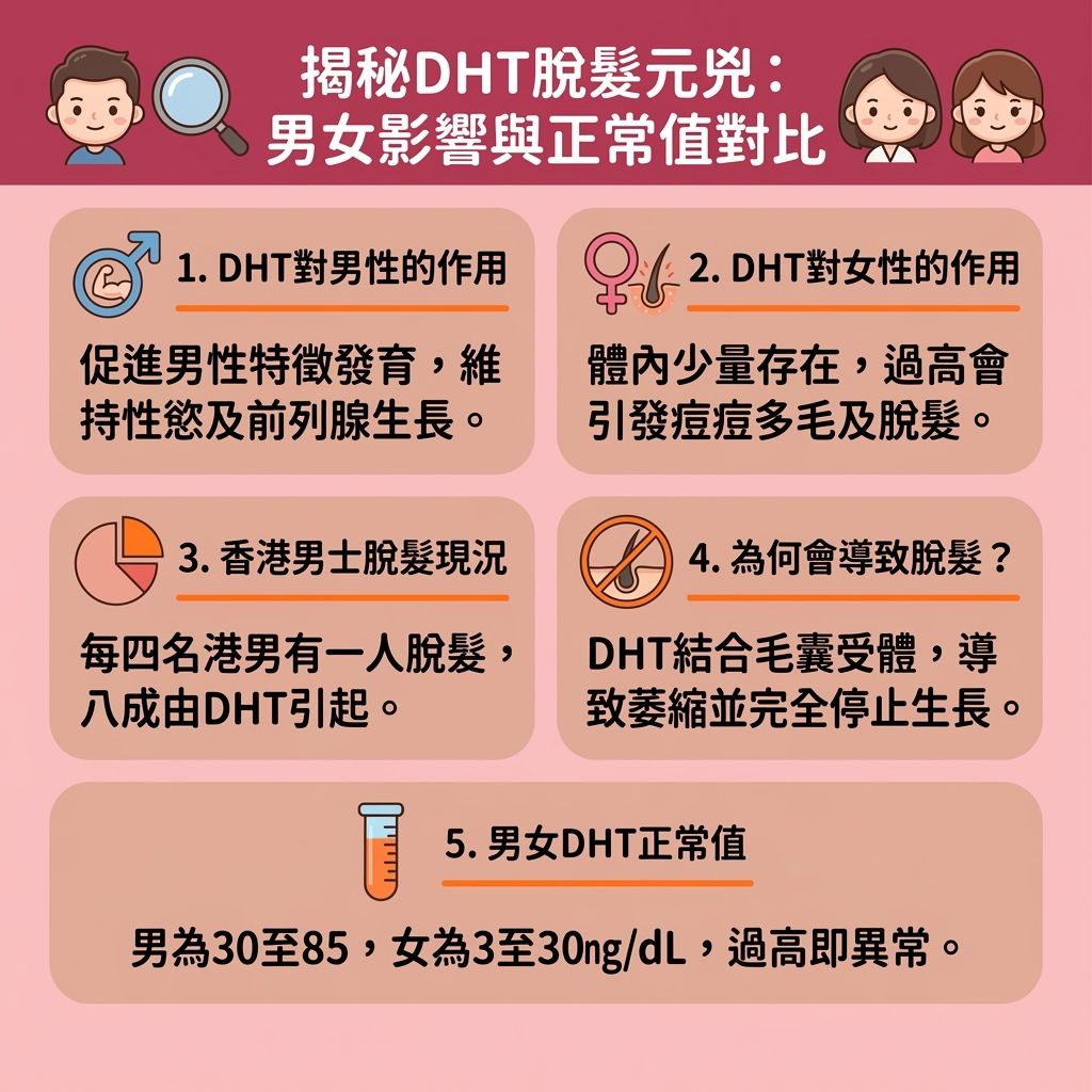 這是一張台灣健康部落格風格的 1:1 正方形資訊圖表，詳細解析了雙氫睾酮 (DHT) 對男女的影響及DHT脫髮原因。圖表說明體內睪固酮在5α還原酶作用下會轉化為 DHT。當 DHT 濃度過高，結合遺傳基因與荷爾蒙變化，會攻擊毛囊與髮根，破壞蛋白質合成，這正是頭髮變幼原因。受損毛囊會縮短生長期並提早進入休止期，最終導致脫髮、女性DHT脫髮及男性的雄性禿。為解決頭髮稀疏與預防M字額，我們必須尋求降低DHT方法與了解抑制DHT食物。圖中建議透過脫髮基因檢測了解自身狀況，並由專業皮膚科醫生評估。針對荷爾蒙失調脫髮，醫生可能會處方雄性禿治療藥物（如柔沛、適尿通等5α還原酶抑制劑或DHT阻斷劑）以及外用米諾地爾。日常保養可使用抗雄性禿洗頭水以減少頭皮出油（調節皮脂腺），並透過按摩促進頭皮血液循環來保護頭皮。此外，發揮鋸棕櫚生髮功效（攝取鋸棕櫚）也能輔助抗禿。這些方法旨在改善毛囊萎縮、延長頭髮生長期、刺激毛囊生長，從而成功挽救髮際線後移。若情況嚴重，則可考慮植髮手術重建自信。
