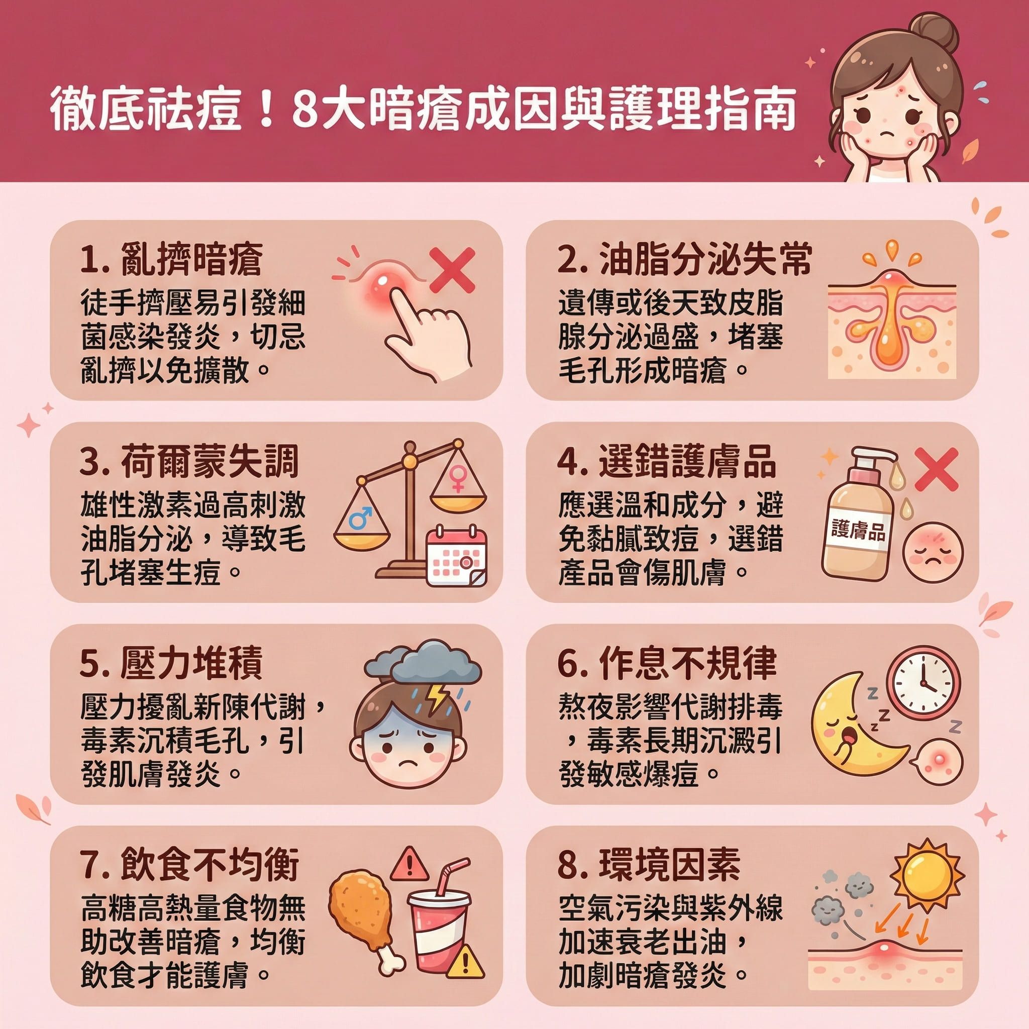 這是一張正方形扁平化的醫學美容資訊圖表，主題是8大暗瘡成因與日常護理。圖解顯示，當荷爾蒙失調時，皮脂腺會異常分泌，導致毛孔堵塞，形成黑頭、粉刺及嚴重的石頭瘡。空氣污染與未徹底卸妝會令角質層增厚，讓痤瘡桿菌大量繁殖。

日常護理建議做好深層清潔與溫和去角質以疏通毛孔、減少粉刺。挑選護膚品時可考慮具備舒緩紅腫、抗菌消炎與鎮靜肌膚成分的產品（如天然木瓜霜），並以礦物粉底來遮蓋瑕疵，達致水油平衡與控制油脂，從而預防發炎與修復屏障。

若想淡化色素、消除暗瘡印及凹凸洞，建議尋求皮膚科醫生協助。透過醫學美容的微針療程，能刺激膠原增生、補充膠原蛋白，有效促進新陳代謝、收細毛孔與改善粗糙。圖表最後推薦完美醫療的專業暗瘡分手療程，助您長效預防復發，重塑平滑肌膚！