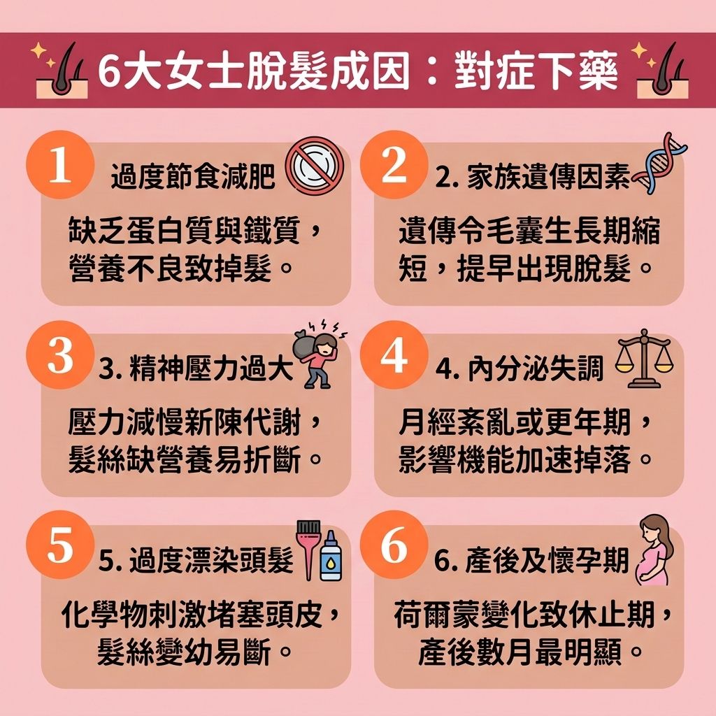 這是一張 1:1 正方形的可愛扁平化向量資訊圖表，採用台灣健康部落格風格，深入探討【女性脫髮原因】與【防脫髮洗頭水】的正確觀念。圖表列出6大【脫髮】成因。首先，受基因影響的【遺傳性脫髮】及【脂溢性脫髮】（類似【雄性禿】），當體內【睪酮】轉為【雙氫睪酮】，會嚴重破壞脆弱的【毛囊】。若缺乏正確的【日常頭皮護理】或使用含【矽靈】的產品，會導致【角質層】受損與【頭皮油脂分泌】過盛，進而引發【皮脂腺】堵塞及【毛囊炎】。

為達到【減少掉髮】與【改善頭髮稀疏】的目標，理想的【預防脫髮方法】包含使用【無矽洗頭水】來【溫和清潔頭皮】並【解決毛孔堵塞】。富含【胺基酸】與【咖啡因】的洗髮產品，能發揮極佳的【咖啡因洗髮露功效】，有效【改善頭皮血液循環】，幫助【頭皮】的【血液循環】，從而【強健髮根】。

此外，壓力與過度減肥會影響【荷爾蒙】與【雌激素】的平衡，需特別注意【抑制荷爾蒙】劇烈波動。針對嚴重情況，【雄性禿治療】可能需要醫學級介入，例如使用含有【米諾地爾】或【非那斯特萊】成分的【生髮水】，以【激活休眠毛囊】、【延長生長週期】並【促進頭髮生長】。若毛囊已完全壞死，則建議尋求【植髮】或【專業生髮療程】。
