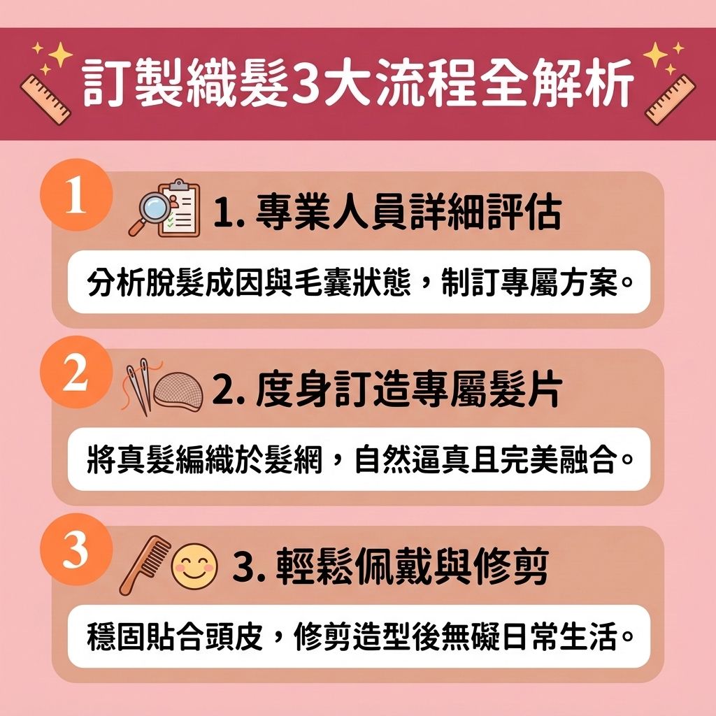 這是一張 1:1 正方形的扁平化向量資訊圖表插畫，採用台灣健康部落格風格，詳細介紹【無創增髮技術】中的【織髮】訂製流程。面對【脫髮早期先兆】或嚴重的【雄性禿】與【脫髮】問題，當體內【荷爾蒙】轉化為【雙氫睪酮】並影響【毛囊】與【皮脂腺】時，許多人會尋求【解決地中海脫髮】與【髮線後移治療】。

在【脫髮治療比較】中，除了使用含【米諾地爾】的【生髮水】、服用【非那斯特萊】或利用【鋸棕櫚】進行【鋸棕櫚防脫髮】來【抑制男性荷爾蒙】作為【預防脫髮方法】外；患者也可選擇【專業生髮療程】與【植髮】來【刺激毛囊再生】、【強健脆弱髮根】、【促進頭髮生長】並改善【血液循環】。若想快速【改善頭髮稀疏】與【遮蓋禿頭】，織髮是極佳的物理性選擇。

圖表顯示，織髮將【真髮】細膩編織於透氣【髮網】上，相較於傳統【假髮】，【織髮效果比較】更為自然逼真，能瞬間【增加頭髮密度】並完美修飾【髮線】。佩戴時可能會使用專用【黏合劑】固定於【頭皮】上。為維持並【改善頭皮環境】，圖表提醒配戴者需注意【定期修剪護理】，避免頭皮悶熱引發【頭皮敏感痕癢】或【阻塞毛孔發炎】，