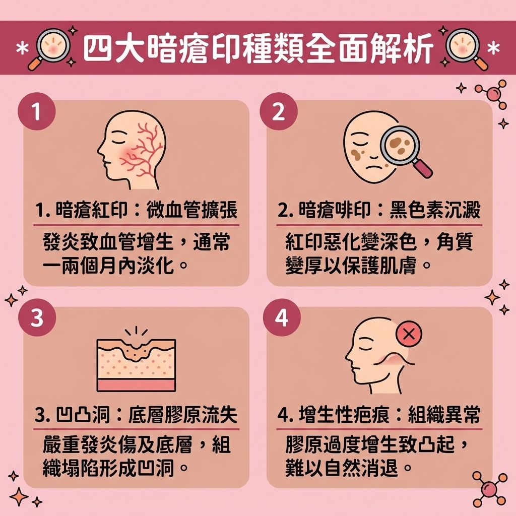 這是一張 1:1 正方形的扁平化向量資訊圖表插畫，採用台灣健康部落格風格，詳細解析四大【暗瘡】印種類。當【皮脂腺】阻塞引發【發炎反應】，會導致【微絲血管】擴張形成【紅印】。若想【淡化暗瘡紅印】及【加速暗瘡癒合】，可使用含【積雪草】、【維他命C】與【透明質酸】的【暗瘡膏】等【去暗瘡印產品】，幫助【舒緩紅腫發炎】、【鎮靜敏感肌膚】、【收縮微血管】並【修復微絲血管】。

若紅印惡化，【角質層】增厚，會造成【黑色素】累積，形成啡印。此時有效的【退紅消炎方法】包含使用【水楊酸】、【果酸】與【杏仁酸】來【溫和去除角質】、【去角質煥膚】，以【改善色素沉澱】並【深層補水保濕】。

當發炎傷及深層的【真皮層】導致【膠原蛋白】流失，就會形成凹凸洞等難以復原的【暗瘡疤痕】。單靠等待【暗瘡印自然消退】並不可能，要做到徹底的【暗瘡疤痕修復】與【淡化黑色素疤痕】，建議尋求【醫學美容】的【醫美去印推介】，例如【激光】與【脈衝光】技術。透過專業的【激光去紅印療程】，能有效【促進細胞更新】、【刺激膠原增生】並【預防暗瘡復發】，讓肌膚重拾平滑健康！
