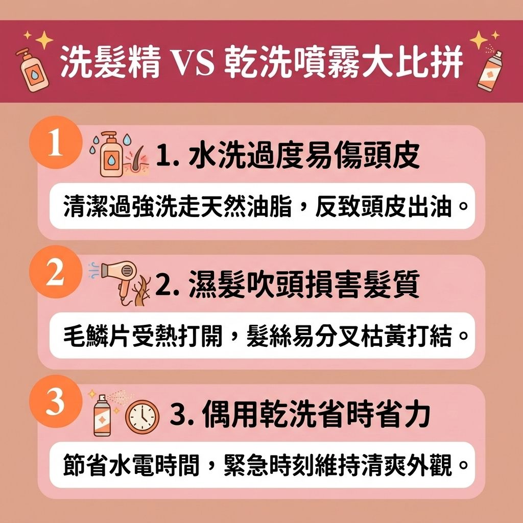 這是一張 1:1 正方形的可愛扁平化向量醫美資訊圖表，採用台灣健康部落格風格，教導大眾【日常頭髮護理】與【正確使用方法】。畫面中對比了傳統【洗頭水】與【免沖水洗髮】的【頭髮乾洗噴霧】（或稱【乾洗髮】）之差異。

圖表左側指出，過度依賴水洗來【清潔頭皮污垢】，容易破壞【頭皮】的【角質層】與天然【油脂】，導致【皮脂腺】失衡，無法有效【控制油脂分泌】。這會引發【頭皮痕癢紅腫】，讓【細菌】滋生，進而產生【頭瘡】、【頭皮屑】甚至【毛囊炎】，最終可能【加劇脫髮問題】與【脫髮】。

圖表右側介紹，乾洗噴霧含有【澱粉】與【酒精】等成分，能迅速【吸附頭皮油脂】並【去除頭髮異味】。噴灑於【髮絲】與【髮根】後，能瞬間【解決頭髮扁塌】、【增加頭髮蓬鬆度】並【保持頭髮乾爽】。

但下方同時發出警告，對於【敏感肌】人士，乾洗產品中的【化學物質】與【粉末】若未能徹底清潔，這些【殘留化學成分】會【堵塞頭皮毛孔】與【毛囊】，不僅會【破壞頭皮屏障】、【引起頭皮敏感】，更無法【舒緩頭皮發炎】。因此，圖表建議必須定期【深層清潔頭皮】，確實【清洗乾洗粉末】，才能真正【改善頭皮環境】！