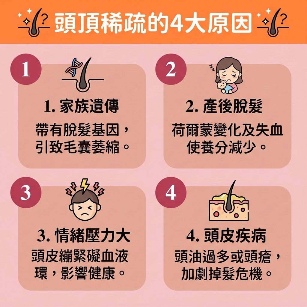 這是一張 1:1 正方形的可愛醫美資訊圖表，教你認清【頭頂稀疏】與【地中海】的【脫髮早期先兆】。無論是【遺傳】還是【壓力】造成的【女性脫髮原因】或【男性脫髮危機】，當【頭皮】的【皮脂腺】異常，【頭皮油脂分泌】過剩並引發【頭瘡】與破壞【角質層】時，就是【脫髮】警號。若體內【荷爾蒙】失調，轉化為【雙氫睪酮】，便會引發【雄性禿】，嚴重攻擊【毛囊】。

為落實【預防脫髮方法】與【日常頭皮護理】，需確保頭部【血液循環】順暢並補充【蛋白質】以【改善頭皮環境】。面對初期徵兆，應及早【改善頭頂稀疏】與【改善頭髮稀疏】。醫學上可透過外用含【米諾地爾】的【生髮水】，或口服【非那斯特萊】來【抑制男性荷爾蒙】，從而【強健脆弱髮根】、【延長生長週期】。

若尋求【專業生髮療程】來【激活休眠毛囊】、【刺激毛囊再生】、【促進頭髮生長】並【增加頭髮密度】，可考慮【無創增髮技術】或【醫療紋髮技術】（如【紋髮】）。要徹底【解決地中海脫髮】，最終可選擇【植髮】手術，重拾自信光彩！