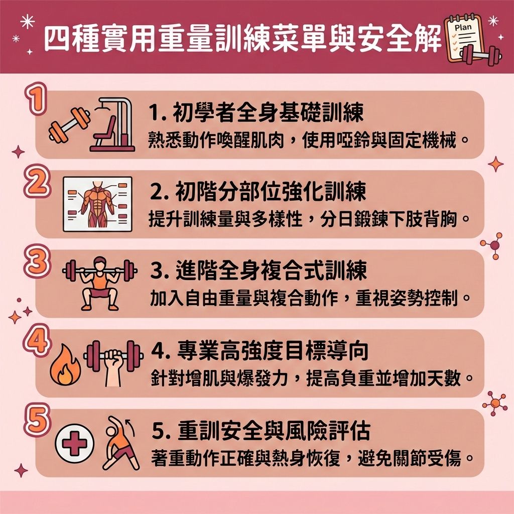 這是一張 1:1 正方形的扁平化向量資訊圖表插畫,嚴格採用台灣健康部落格懶人包風格。圖表以可愛、具教育性與醫美感的方式解析「四種實用重量訓練菜單與安全解析」,底部保持純淨無字並無縫應用背景色。
圖表詳細解析四種實用的阻力訓練與重訓課表設計。從初學者使用機械式器材到進階者運用自由重量(如啞鈴、槓鈴),皆能有效增強肌肉力量並增加肌肉量。正確的訓練能強化核心肌群,提高關節穩定性以保護脆弱的關節,並顯著提升骨質密度,達到預防骨質疏鬆的效果。
規律重訓能刺激體內荷爾蒙(如睪固酮)分泌,幫助促進肌肉修復並避免肌肉流失。飲食上搭配高蛋白質的減脂增肌飲食,並嚴格控制熱量攝取,能有效提升基礎代謝與整體的基礎代謝率,加速新陳代謝並消耗大量卡路里。結合高強度間歇訓練,能精準燃燒深層脂肪,擊退頑固的脂肪細胞、皮下脂肪與內臟脂肪。這不僅有助於控制體重,更能幫您突破減肥停滯期,輕鬆打造易瘦體質並完美修飾身體線條,全面提升肌肉量。
若追求極致的體態雕塑,圖表側邊的醫美專區建議可結合醫學美容的無創減脂技術與局部減脂療程。透過先進的溶脂科技進行醫美定位修形,能進一步改善皮膚鬆弛,讓您全方位散發自信與健康光彩!