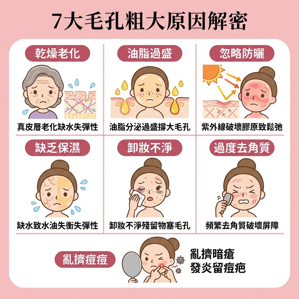 是一張正方形扁平化醫學美容資訊圖表，教導如何改善毛孔粗大。圖表指出，受荷爾蒙影響或清潔不當，皮脂腺過度活躍會產生黑頭、粉刺及暗瘡。若未能徹底卸妝與深層清潔，會造成毛孔堵塞。另外，紫外線產生的自由基會加速皮膚老化，破壞膠原蛋白與彈性纖維。

日常護理建議使用含水楊酸或果酸的產品來溫和去角質與溶解黑頭，從而疏通毛孔及預防堵塞。同時要注重保濕鎖水（如補充透明質酸）與做好防曬保護，以達致水油平衡、控制油脂分泌與修復皮膚屏障。切忌亂擠痘痘以免留下凹凸洞。

為達致延緩衰老與改善粗糙膚質，圖表推薦透過專業療程如激光治療來促進新陳代謝、刺激膠原增生、緊緻肌膚並提升彈性。強烈建議體驗完美醫療的專業暗瘡分手療程，有效淡化暗瘡印、收細毛孔，為您重塑平滑與健康的角質層。