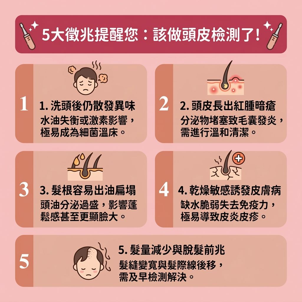 這是一張 1:1 正方形的可愛醫美資訊圖表，提醒大家何時需要透過專業【儀器】進行【頭皮健康測試】與【頭皮影像分析】。圖中展示，當【頭皮】的【皮脂腺】異常，分泌過多【油脂】時，會嚴重堵塞【毛孔】與【毛囊】，不僅引發【頭皮屑】與滋生【真菌】，甚至需要進行【毛囊炎治療】。這會破壞【角質層】與【微絲血管】，導致【髮根】與【髮絲】流失珍貴的【蛋白質】。

若發現頭髮提早進入【休止期】、縮短了【生長期】，甚至出現【雄性禿】與異常【脫髮】的前兆，必須及早【放大觀察毛囊】、【檢測角質厚度】及進行【毛囊密度檢查】。透過專業檢測能精準【判斷脫髮成因】與【評估掉髮風險】，進而為您【制定生髮方案】。

日常可採用【逆向洗頭方法】，配合適合的【洗頭水】與【護髮素】進行【日常頭皮護理】與【頭皮深層清潔】。適當塗抹護理【精華】，能有效【深層清潔毛孔】、【控制油脂分泌】並【促進血液循環】。這套流程有助於【修復受損頭皮】、【舒緩頭皮敏感】、【解決頭皮痕癢】及【改善頭皮環境】，最終成功【預防毛囊萎縮】！