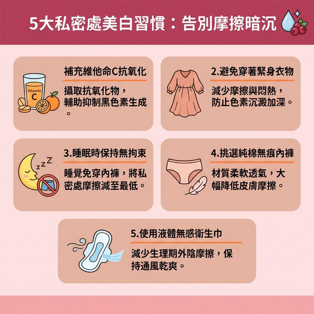 這是一張台灣健康部落格風格的 1:1 正方形資訊圖表，詳細解說私密處美白方法與日常的私密處保養步驟。圖表強調，私密處與比堅尼位變黑常因穿著緊身內褲導致過度摩擦，進而產生減少摩擦變黑的需求。此外，荷爾蒙與雌激素的變化，或是錯誤使用蜜蠟與剃刀除毛，都極易引發炎症，導致皮膚的毛囊受傷，並積聚死皮與角質，最終形成黑色素與色素沉澱。為了去除比堅尼黑印並解決私密處暗沉，我們必須避免毛囊發炎及預防毛髮倒生。

日常保養除了多補充維他命C，可使用含果酸成分的溫和去角質推薦產品，洗後搭配清爽的保濕霜，能幫助改善私密處乾燥、修復受損屏障與改善皮膚粗糙。許多人好奇私密處美白霜效果，但若想更快速徹底地改善色素沉澱，專業醫生通常會建議進行醫療級的私密處美白療程。而在除毛選擇上，比堅尼脫毛推薦採用專業的無痛激光脫毛（如比堅尼位激光脫毛），透過激光技術不僅能舒緩脫毛紅腫，還能同時達到激光私密處美白的雙重功效，並有效減少汗味異味，