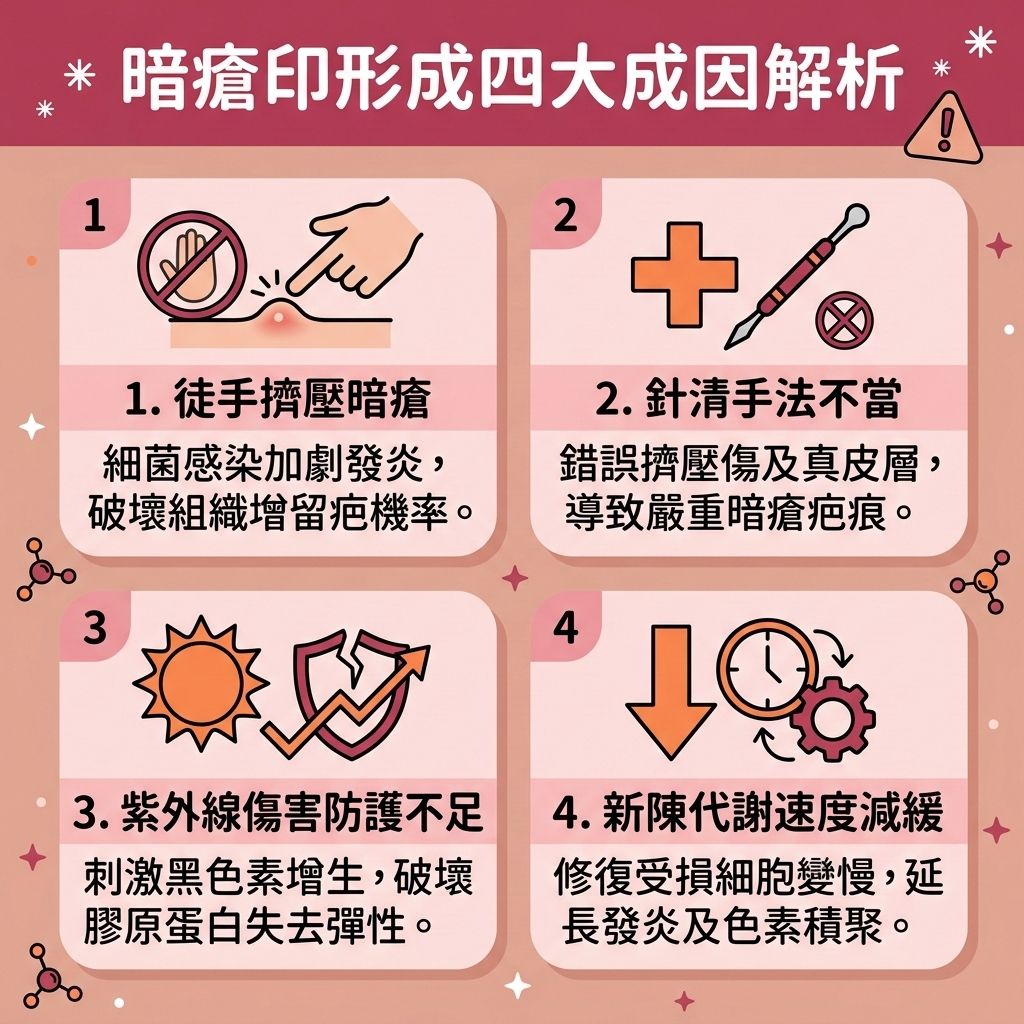 這是一張 1:1 正方形的扁平化向量資訊圖表插畫，採用台灣健康部落格風格，設計可愛且具備教育性醫美感。圖表頂部標題解析了【暗瘡】印的四大成因。首先，徒手擠壓會導致【皮脂腺】受感染，引發嚴重的【發炎反應】，造成【微絲血管】擴張並留下【紅印】。其次，不當針清會傷及深層的【真皮層】與【角質層】，留下難以復原的【暗瘡疤痕】。此外，紫外線會刺激【黑色素】增生並破壞底層【膠原蛋白】，而新陳代謝變慢則會阻礙肌膚修復。

為了【預防暗瘡復發】並達到徹底的【暗瘡疤痕修復】，我們不能單靠等待【暗瘡印自然消退】。圖表側邊提供了【醫美去印推介】與日常保養建議，作為有效的【退紅消炎方法】。日常保養可使用含【水楊酸】、【果酸】或【杏仁酸】的產品來【溫和去除角質】與【去角質煥膚】；並搭配含【維他命C】、【積雪草】及【透明質酸】的【暗瘡膏】或其他【去暗瘡印產品】來【深層補水保濕】、【鎮靜敏感肌膚】、【舒緩紅腫發炎】並【加速暗瘡癒合】。

若要進一步【淡化暗瘡紅印】、【收縮微血管】與【修復微絲血管】，【醫學美容】是最佳的選擇。透過專業的【激光去紅印療程】搭配【激光】或【脈衝光】技術，能有效【促進細胞更新】、【刺激膠原增生】並【改善色素沉澱】，最終成功【淡化黑色素疤痕】，讓肌膚重拾平滑健康！