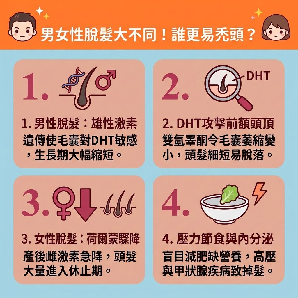 這是一張 1:1 正方形的可愛扁平化向量資訊圖表，呈現台灣健康部落格風格，詳細比較男女【脫髮】差異。圖表解析了【髮線後移成因】，指出男性的【遺傳】因素會讓體內【荷爾蒙】轉化為【雙氫睪酮】。這不僅刺激【皮脂腺】，更會強烈攻擊【頭皮】的【毛囊】，導致【生長期】縮短並提早進入【休止期】。這是引發【雄性禿】與【髮線】及【額角】退縮的【脫髮初期特徵】與【脫髮早期先兆】。

女性掉髮則多因【壓力】、極端減肥缺乏【蛋白質】、【鐵質】、【鋅質】與【維他命】來合成【角蛋白】。為了落實【預防脫髮方法】與【解決前額脫髮】，必須積極【改善頭皮環境】並進行【頭皮深層清潔】。透過按摩【舒緩頭皮壓力】與【促進血液循環】，幫助【補充頭髮營養】，從而【強健脆弱髮根】與【延緩毛囊萎縮】。

要【改善頭髮稀疏】並【增加頭髮密度】，除了使用【生髮水】來【抑制男性荷爾蒙】，更應尋求【專業生髮療程】的協助。這些專業對策能【激活休眠毛囊】、【刺激毛囊再生】並【延長生長週期】，達到【減少掉髮數量】的效果。若頭皮已大面積外露，最終可考慮【植髮】手術重獲新生！