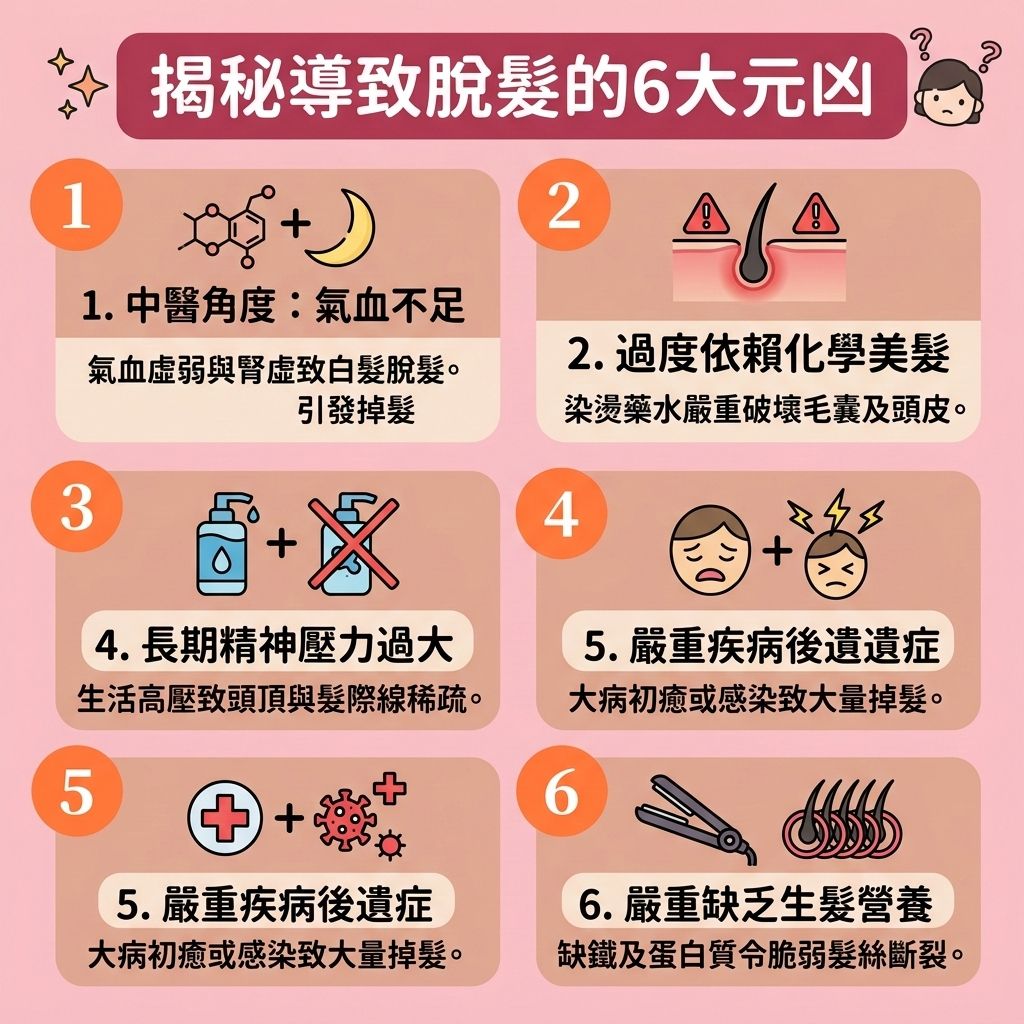 這是一張 1:1 正方形的可愛扁平化向量圖，以台灣健康部落格風格解析六大脫髮原因與【預防脫髮方法】。圖表說明壓力與疾病會產生大量【自由基】，必須積極【對抗自由基】與【抗氧化防脫髮】來保護【頭皮】與【毛囊】。錯誤洗護會擾亂【皮脂腺】，我們需【平衡頭皮油脂】並【改善頭皮環境】。

中醫指出氣血不足會引起掉髮，建議【促進頭皮血液循環】（維持良好的【血液循環】），幫助【紅血球】輸送氧氣，以【改善貧血脫髮】。日常飲食應攝取【豐富蛋白質食物】如【雞蛋】與【黑芝麻】，以補充【蛋白質】、【膠原蛋白】與【角蛋白】。

要【解決掉髮問題】並【減少掉髮數量】，必須積極【補充頭髮營養】，攝取【鐵質】、【鋅質】與【生物素】。此外，圖中建議服用【防脫髮保健品】或專門的【脫髮維他命】（包含【維他命A】、【維他命B群】、【維他命C】、【維他命D】、【維他命E】）。這些養分能【滋養脆弱髮絲】、【強健脆弱髮根】、【延緩毛囊老化】、【激活休眠毛囊】並【刺激毛囊再生】。最終達到【改善頭髮稀疏】、【增加頭髮密度】及【促進頭髮生長】的完美效果！