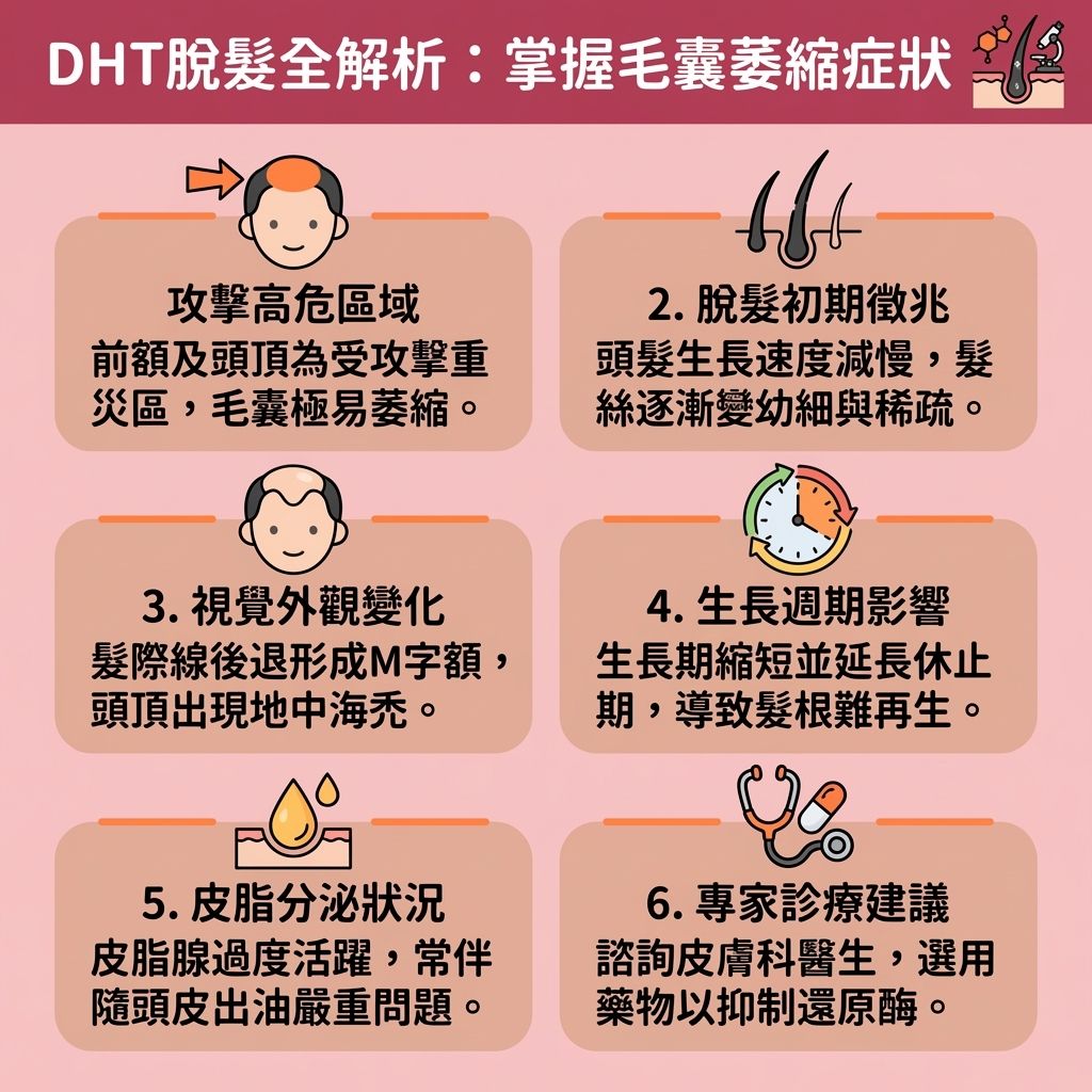 這是一張台灣健康部落格風格的 1:1 正方形資訊圖表，背景採用柔和色調，詳細解析了 DHT脫髮原因。圖表說明當體內的 睪固酮 被 5α還原酶 轉化為 雙氫睾酮 (DHT) 後，會導致 毛囊 萎縮，這是 雄性禿 的核心機制。無論是男性或 女性DHT脫髮，受 遺傳基因 影響的 頭皮 前額及 髮根 最易出現 荷爾蒙失調脫髮。圖中解釋了 頭髮變幼原因，指出當 生長期 縮短且 休止期 延長，會引發地中海禿及 M字額。為了 解決頭髮稀疏 並 預防M字額，建議進行 脫髮基因檢測。在治療方面，皮膚科醫生 常開立 雄性禿治療藥物，如作為 5α還原酶抑制劑 的 柔沛 或 適尿通（即 DHT阻斷劑）。外用則可使用 米諾地爾 或 抗雄性禿洗頭水 來 刺激毛囊生長。此外，患者可透過 降低DHT方法 如攝取 抑制DHT食物 或利用 鋸棕櫚（發揮 鋸棕櫚生髮功效）來 改善毛囊萎縮。圖表強調補充足夠 蛋白質、減少頭皮出油（與 皮脂腺 分泌有關）、促進頭皮血液循環 能有效 延長頭髮生長期 並 挽救髮際線後移。若 荷爾蒙 嚴重失衡導致長期脫髮，則可能需考慮 植髮 療程。