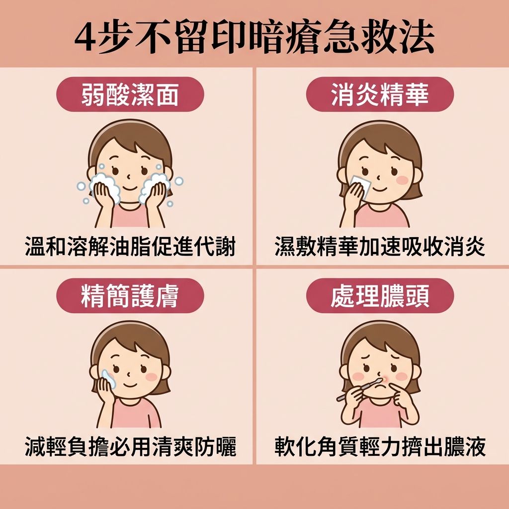 這是一張正方形的扁平化醫學美容資訊圖表，教導大家如何進行暗瘡急救與護理。圖表上方有一位專業的美容師，指出受荷爾蒙影響，皮脂腺會異常分泌，導致角質層增厚與毛孔堵塞，滋生痤瘡桿菌，進而形成黑頭、粉刺甚至嚴重的石頭瘡。

圖表分為四個步驟：第一步建議進行深層清潔，使用含水楊酸的洗面乳來溫和去角質與溶解黑頭，以抑制油脂分泌、疏通毛孔及達致水油平衡。第二步強調要消炎殺菌與減輕發炎紅腫，使用專用精華來清爽控油，切忌盲目自行擠壓。第三步提醒簡化護膚程序以修復皮膚屏障，並做好防曬以淡化色素。第四步教導正確處理膿頭，配合收斂水收細毛孔與改善粗糙膚質。若處理不當或胡亂針清，容易留下暗瘡印與凹凸洞。

為達到無痛清痘、有效去暗瘡印及撫平凹凸洞，圖表建議尋求美容院作專業評估。強烈推薦體驗完美醫療的專業暗瘡分手療程，配合果酸換膚與激光治療，能促進新陳代謝、刺激膠原增生，徹底改善膚質並長效預防復發。