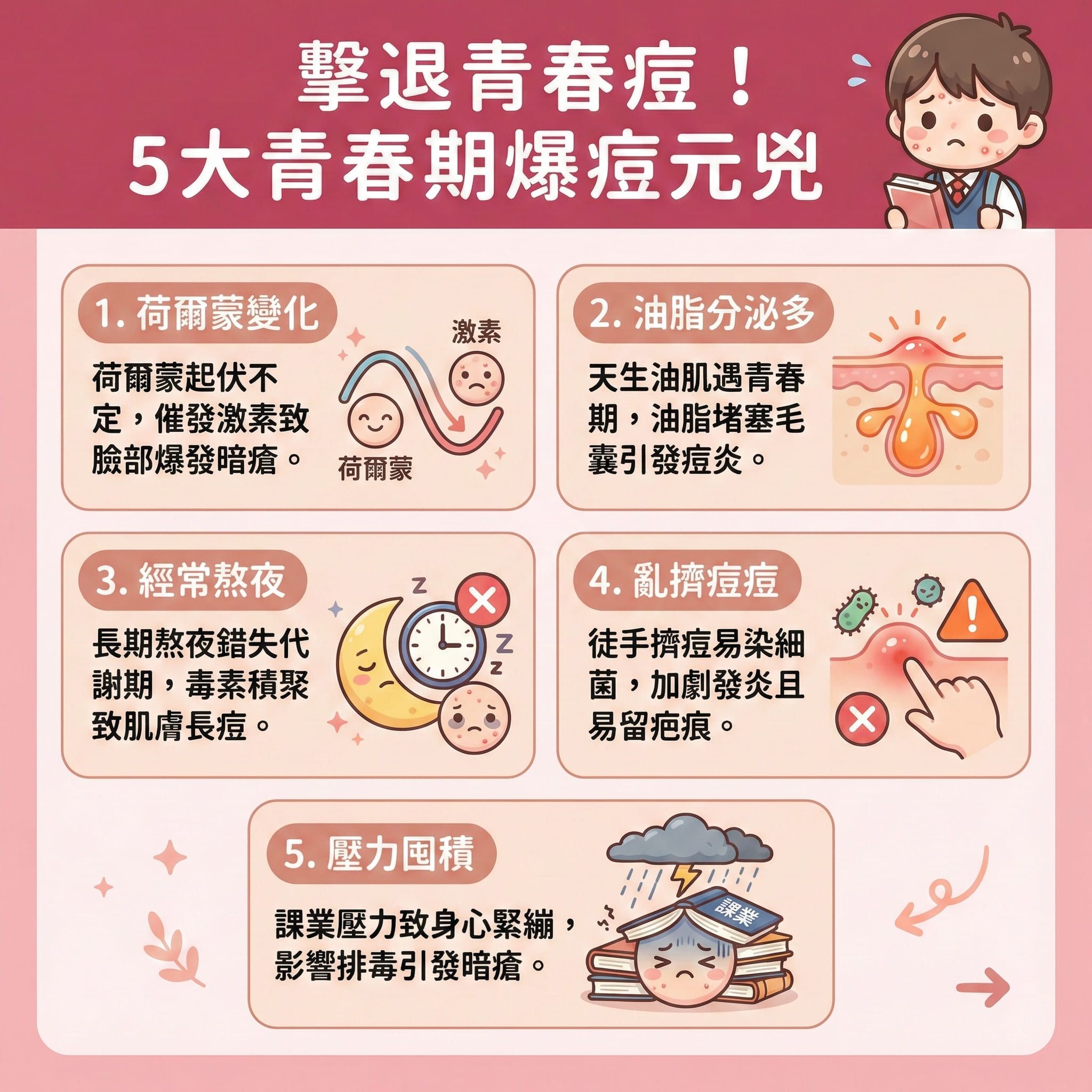 這是一張正方形扁平化的醫學美容資訊圖表，教導大家如何改善青春期爆痘與青春痘。圖表指出，青春期體內雄性激素與荷爾蒙變化，會刺激皮脂腺分泌過盛。若缺乏正確潔面方法，未用洗面乳深層清潔毛孔，過厚的角質層與死皮會導致毛囊堵塞，令痤瘡桿菌大量繁殖，引發炎症，形成黑頭、粉刺及嚴重的石頭瘡。
圖表建議日常護理需控制油脂分泌與保持水油平衡，可使用含水楊酸或果酸的產品來溫和去角質，以預防毛孔堵塞、減少粉刺增生、抗菌消炎並舒緩紅腫發炎。生活上應建立規律作息、減少高糖飲食以促進新陳代謝及調節內分泌。切記避免徒手擠壓，以免留下暗瘡印與凹凸洞。
若想修復受損屏障、淡化色素沉澱與撫平粗糙肌膚，建議尋求皮膚科醫生協助。透過專業療程刺激膠原增生，能真正解決問題。強烈推薦體驗完美醫療的專業暗瘡分手療程，長效預防復發，重拾健康平滑肌！