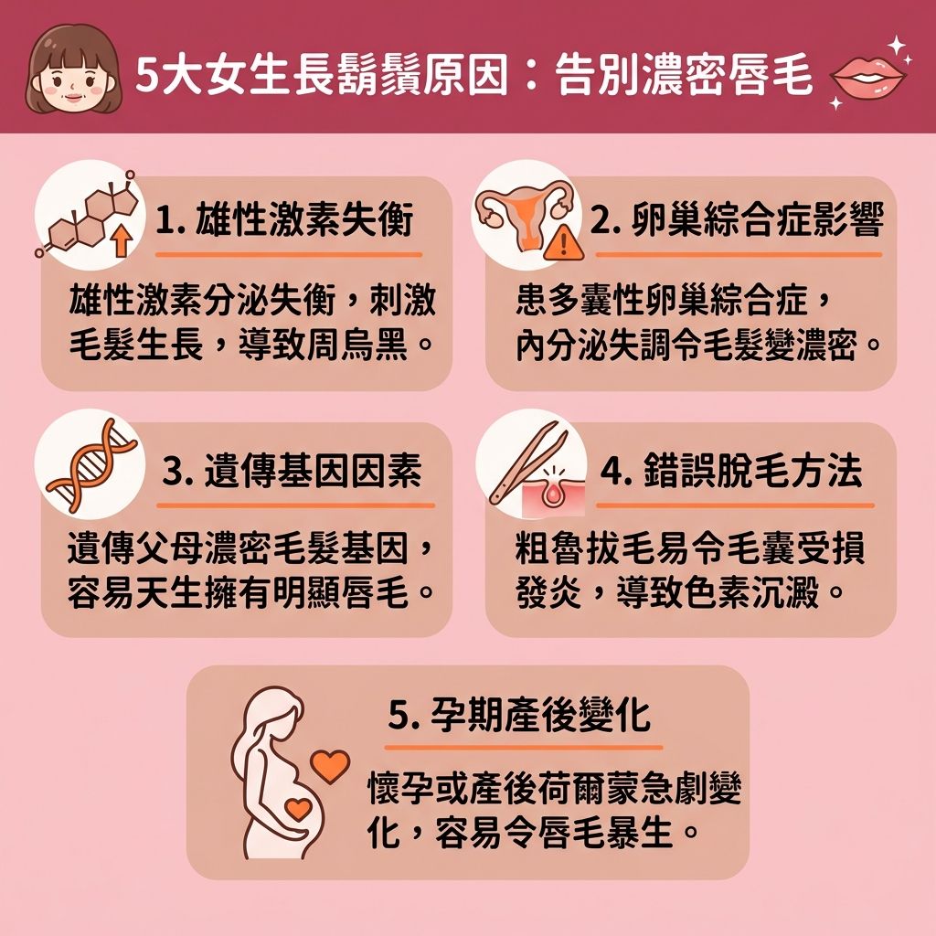 這是一張台灣健康部落格風格的 1:1 正方形資訊圖表，詳細解說女生長鬍鬚原因。圖表探討荷爾蒙變化，如雄性激素過高或雌激素失調，需改善荷爾蒙失調以減少嘴唇周圍的唇毛與面毛（汗毛）。

許多人在尋找去除唇毛方法時，常擔心唇毛越剃越粗。若使用剃刀、脫毛膏、鑷子或忍受蜜蠟脫毛痛楚（使用蜜蠟），甚至使用化學漂白劑，可能引發唇毛漂白副作用或嚴重的拔唇毛後遺症。這些錯誤方式會傷害角質與皮膚，導致毛孔與毛囊受損，引發炎症並積聚黑色素。為解決毛囊發炎並避免毛孔粗大，我們必須選擇安全脫毛工具。

對於敏感肌，最佳的面部脫毛推薦是專業的無痛激光脫毛（如激光脫唇毛）。透過先進的激光技術，能達到理想的永久脫毛效果。許多人搜尋「脫面毛邊間好」，就是為了獲得專業療程，這不僅能舒緩脫毛紅腫，做好脫毛後護理還能修復受損屏障、減少色素沉澱並改善唇邊暗沉，還原白滑美肌。