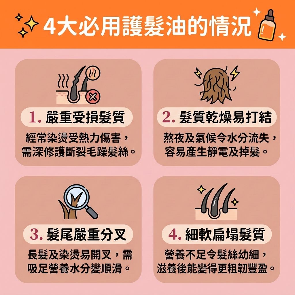 這是一張 1:1 正方形的可愛扁平化向量醫美資訊圖表，教導大眾如何進行【日常頭髮護理】與【鎖水保濕護理】。圖中顯示，使用【洗頭水】並搭配【護髮素】或【髮膜】洗淨【頭皮】後，在【吹頭前護理】使用【護髮油】這類【免沖洗護髮】產品極為重要。

當【髮絲】受到【風筒】的【熱力】傷害，或缺乏【水分】時，【角質層】與【毛鱗片】會受損。使用富含【蛋白質】、【氨基酸】與【維他命】的【摩洛哥堅果油】、【荷荷巴油】、【椰子油】或【橄欖油】，能有效【隔離熱力傷害】並【減少靜電摩擦】（降低【靜電】）。

這些成分能【修復受損髮絲】、【撫平毛鱗片】、【改善頭髮毛躁】並【預防頭髮乾枯】。將其塗抹於【髮尾】，能【深層滋潤頭髮】、【吸收護髮營養】、【減少頭髮開叉】及【防止頭髮斷裂】，完美【解決頭髮打結】。對於【改善髮質變差】，它能【滋養脆弱髮絲】、【提升髮絲彈性】，最終【增加頭髮光澤】，讓您重拾充滿空氣感的【順滑光澤秀髮】！