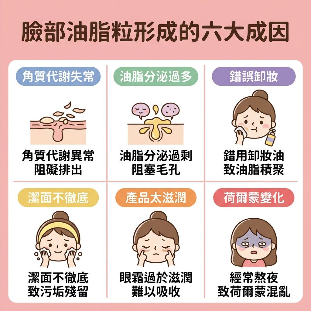 這是一張正方形的扁平化醫美資訊圖表，詳細解析油脂粒（又稱粟粒腫）的成因與改善方法。圖表展示了皮膚結構，包括角質層、真皮層、皮脂腺與汗腺。當皮脂腺分泌過多油脂，加上含有角蛋白的死皮堆積，若未能促進新陳代謝及減少油脂堆積，便會導致毛孔堵塞，形成與粉刺、暗瘡、黑頭相似的問題。

圖表指出六大成因：一是角質代謝失常；二是先天出油多，破壞了水油平衡；三是卸妝不徹底，錯誤使用卸妝油；四是日常缺乏深層清潔，或是反而過度清潔；五是護膚品過於滋潤，特別是厚重眼霜塗抹於脆弱的眼周肌膚；六是荷爾蒙失調。

為去除油脂粒及防止毛孔堵塞，圖表建議日常應溫和去角質，可使用含果酸或水楊酸的產品來溶解角質與軟化角質細胞，或者適度使用磨砂膏，有助疏通毛孔及抑制油脂分泌，並改善粗糙膚質。切記避免擠壓，以免發炎。若情況嚴重，除了傳統的針清挑除或激光去除，圖表推薦尋求完美醫療的專業協助，如暗瘡分手療程，安全有效且能預防復發。