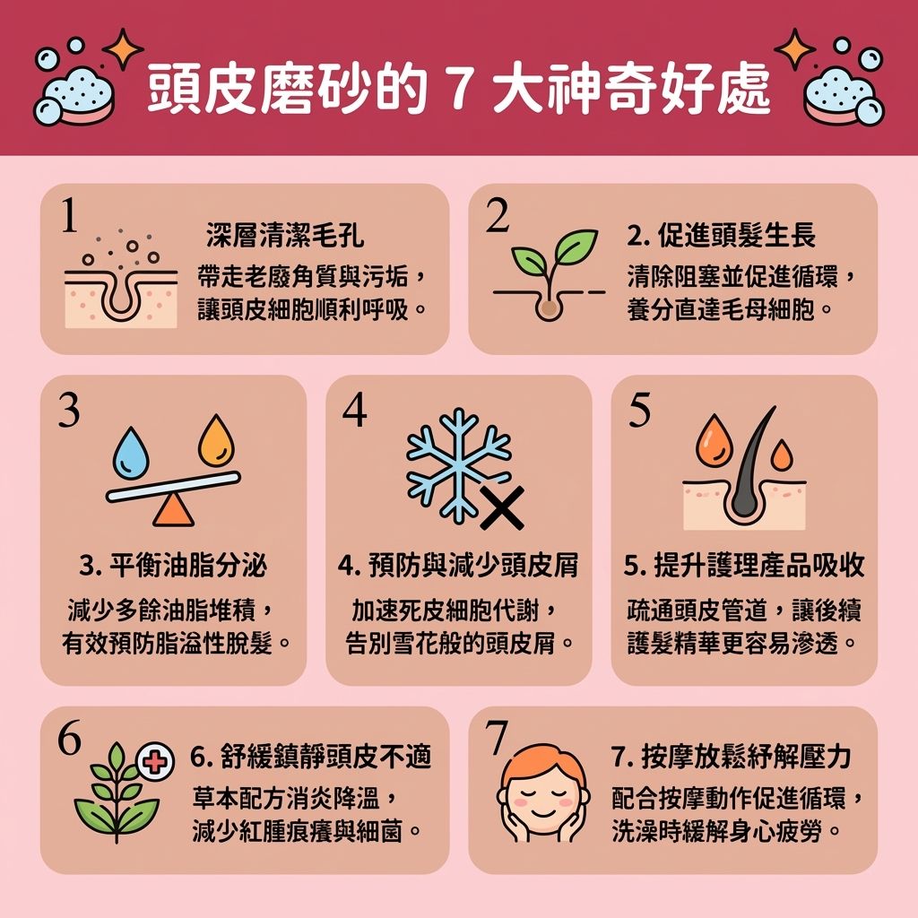 這是一張 1:1 扁平化醫美資訊圖表，教導大家【日常頭皮護理】與【正確洗頭步驟】。圖中展示使用含有【海鹽】與【氨基酸】的【磨砂膏】，能【深層清潔頭皮】與【溫和清潔毛孔】。它能【去除老廢角質】、【徹底清除污垢】及洗去多餘【油脂】，避免【污垢】與分泌物引發【預防毛囊堵塞】。

當【頭皮】的【皮脂腺】失調時容易長【頭瘡】與【頭皮屑】，透過磨砂能【控制油脂分泌】、【保持水油平衡】，有效【減少頭皮屑】並【解決頭皮痕癢】。同時搭配適當的按摩，能加強【血液循環】以【促進血液循環】，讓【營養】與【水分】順利抵達【毛囊】，這有助於【刺激毛囊再生】、【強健脆弱髮根】保護【髮根】，並【預防脫髮問題】與異常【脫髮】。

清除【角質】後，能大大提升後續【洗頭水】與【護髮素】的吸收力，進而【修復受損屏障】並【舒緩頭皮敏感】。整體能完美【改善頭皮環境】，使【毛孔】暢通，讓【髮絲】更健康，最終能【改善頭髮扁塌】，大幅【增加頭髮蓬鬆度】！