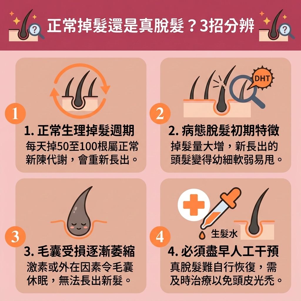 這是一張 1:1 正方形的可愛扁平化向量資訊圖表，採用台灣健康部落格風格，教導大眾分辨【脫髮早期先兆】與【脫髮初期特徵】。圖表指出，因【遺傳】或巨大【壓力】引發的【荷爾蒙】失調，會使體內【雙氫睪酮】激增，進而攻擊【頭皮】的【毛囊】，誘發【雄性禿】與異常的病態【脫髮】。這會導致毛囊提早結束【生長期】並進入【休止期】，引發【髮線後移成因】，使【髮線】與【額角】嚴重後退。

為落實【預防脫髮方法】與【解決前額脫髮】，必須積極【改善頭皮環境】，做好【頭皮深層清潔】，避免【皮脂腺】堵塞發炎。日常應適當按摩以【舒緩頭皮壓力】與【促進血液循環】。飲食需【補充頭髮營養】，攝取充足的【蛋白質】、【鐵質】、【鋅質】與【維他命】，幫助合成【角蛋白】，達到【強健脆弱髮根】與【減少掉髮數量】的效果。

若要【延緩毛囊萎縮】並【改善頭髮稀疏】，圖中建議及早使用含藥性的【生髮水】來【抑制男性荷爾蒙】。對於嚴重的萎縮，建議尋求【專業生髮療程】協助，以【激活休眠毛囊】、【刺激毛囊再生】並【延長生長週期】，進而【增加頭髮密度】。若毛囊已徹底失去生命力，最終也可考慮【植髮】手術重獲濃密秀髮！