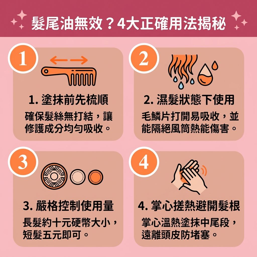 這是一張 1:1 正方形的可愛扁平化醫美資訊圖表，教導大家【塗抹髮尾技巧】與【日常頭髮護理】。圖表指出，使用【洗頭水】與【護髮素】（亦可嘗試【逆向洗頭方法】）後，在濕髮時塗抹【髮尾油】或【護髮油】效果最佳。因為此時【毛鱗片】與【角質層】打開，能讓蘊含【堅果油】、【荷荷巴油】或【摩洛哥油】的成分深入【髮絲】，補充【蛋白質】與【水分】。

這步驟能有效【隔離熱力傷害】（如防禦【風筒】熱風與【紫外線】），並【減少靜電摩擦】避免產生【靜電】。正確做法是避開【頭皮】與【髮根】，以免堵塞【毛囊】引發【頭皮屑】、【脫髮】，我們必須時刻【預防毛囊萎縮】。

透過輕柔塗抹並順便按摩頭皮以【促進血液循環】，能【舒緩頭皮痕癢】。做好這套【鎖水保濕護理】與【染燙後續保養】，可完美【修復受損髮絲】、【撫平頭髮毛躁】、【解決頭髮開叉】及【改善頭髮乾燥】。最終達到【深層滋潤頭髮】、【改善頭髮打結】與【防止頭髮斷裂】的功效，不僅【提升髮絲彈性】，更能大幅【增加頭髮光澤】，讓您擁有一頭【順滑光澤秀髮】！