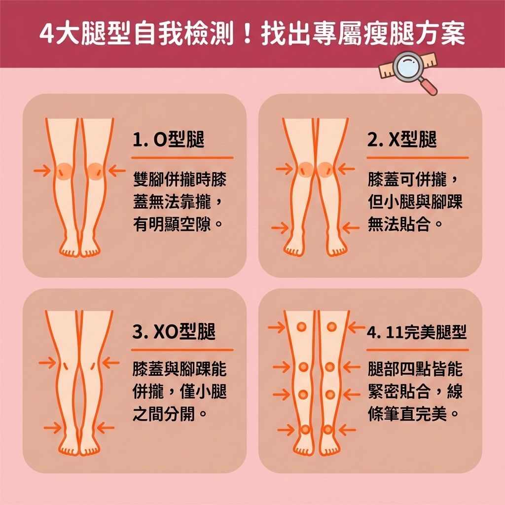 這是一張 1:1 正方形、台灣健康部落格風格的教育性資訊圖表。圖中解析了不同的腿型，教你如何對症下藥。想要塑造修長美腿與收緊腿部線條，必須針對大腿與小腿的具體問題。若因荷爾蒙或經期引起水腫，可運用經期減肥法，並多吃燕麥、蛋白質，減少碳水化合物（執行低碳飲食法）來控制熱量攝取與精算卡路里。

日常要配合帶氧運動（如規律的帶氧運動）以提升基礎代謝與整體新陳代謝，燃燒腿部脂肪及減少脂肪積聚。運動後能舒緩腿部疲勞、促進血液循環（加強血液循環）並活化淋巴以疏通淋巴排毒，從而改善下半身水腫與消除肌肉型小腿（放鬆糾結的肌肉）。

針對難以消除的深層脂肪，若想改善梨形身材與消除大腿贅肉，可考慮醫學美容的局部減脂療程。透過先進的無痛溶脂技術（包含冷凍溶脂、射頻與其他高階溶脂科技），能進行精準的醫美定位修形。香港完美醫療為您提供專屬瘦身方案，輕鬆打造完美體態！