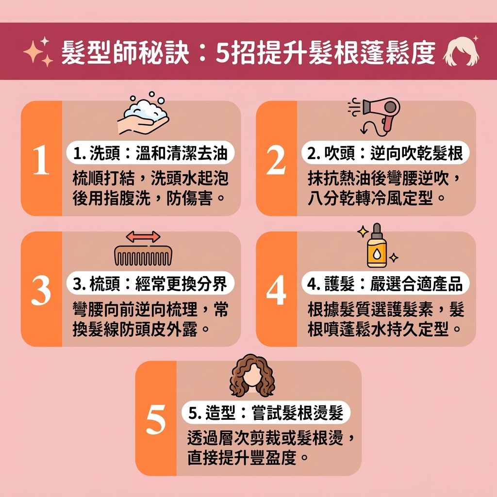 這是一張1:1扁平化向量醫美資訊圖表，教導大家【正確洗頭方法】與【日常頭皮護理】。若【荷爾蒙】失調刺激【皮脂腺】分泌過多【油脂】，會導致毛孔堵塞引發【脫髮】。為【解決頭髮扁塌】與【增加頭髮蓬鬆度】，我們需【溫和清潔頭皮】與【深層清潔頭皮】。使用【防脫髮洗頭水】及【護髮素】，能為【頭皮】、【毛囊】與【髮根】補充【蛋白質】、【氨基酸】與【水分】。

洗頭前用【梳子】梳理能【減少頭髮毛躁】及降低【靜電】。洗後務必【吹乾頭皮防菌】，使用【風筒】時注意溫度以【撫平毛鱗片】、保護【角質層】與【髮絲】，這有助【修復受損髮絲】及【滋養脆弱髮絲】。透過【控制頭皮出油】與【控制油脂分泌】，能【解決頭皮痕癢】並【改善頭皮環境】。

若經常使用【染髮劑】，可考慮配合【激光】療程【促進頭皮血液循環】，以【強健脆弱髮根】。這些秘訣能【改善頭髮稀疏】並大幅【增加頭髮密度】！