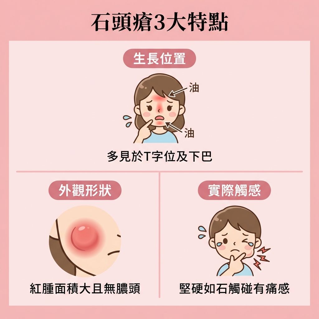 這是一張正方形扁平化的醫美資訊圖表，主要介紹石頭瘡（即囊腫型暗瘡）的特點。圖表說明當荷爾蒙與內分泌失調時，皮脂腺會異常活躍。若缺乏溫和潔面及深層清潔，毛囊堵塞會導致痤瘡桿菌在真皮層大量繁殖，引發深層感染與嚴重發炎，形成紅腫硬痛的結節與膿疱。

圖中警告絕對要避免擠壓，否則極易留下凹凸洞和暗瘡印。建議尋求皮膚科醫生作專業診斷，必要時使用處方藥物（如抗生素、避孕藥、類固醇）來調理內分泌、消炎殺菌與消除紅腫。

日常護理需疏通毛孔、抑制油脂分泌、減少皮脂分泌及修復皮膚屏障。為了預防留疤與撫平疤痕，圖表推薦結合果酸換膚與激光治療來改善粗糙膚質及刺激膠原增生。最後強烈推薦體驗完美醫療的專業暗瘡分手療程，長效預防復發，重獲平滑健康肌膚。