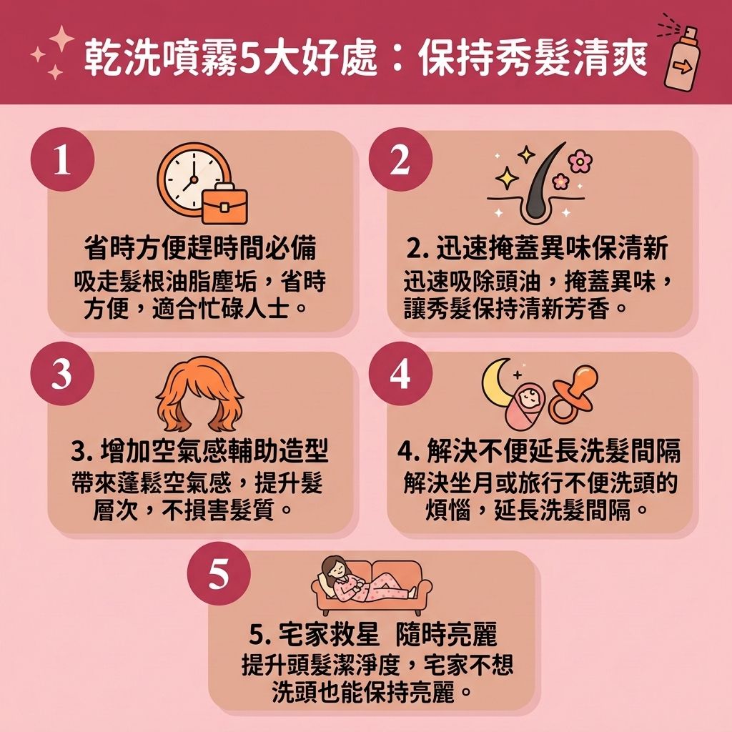 這是一張 1:1 正方形扁平化向量插畫，採用台灣健康部落格風格，介紹【免沖水洗髮】的【頭髮乾洗噴霧】（或稱【乾洗髮】）的五大好處與注意事項。圖中顯示，乾洗噴霧利用【澱粉】與【粉末】來【吸附頭皮油脂】與【清潔頭皮污垢】，能快速【去除頭髮異味】、【保持頭髮乾爽】並【解決頭髮扁塌】，有效【增加頭髮蓬鬆度】，讓【髮根】與【髮絲】重拾乾淨。

然而，圖表也提醒這並非萬能的【日常頭髮護理】。過度依賴而不用真正的【洗頭水】去【清洗乾洗粉末】與【深層清潔頭皮】，會導致【化學物質】與【殘留化學成分】積聚。噴霧中的【酒精】成分可能【破壞頭皮屏障】、【引起頭皮敏感】，甚至讓【敏感肌】出現【頭皮痕癢紅腫】。

若【油脂】與污垢長期【堵塞頭皮毛孔】，會嚴重影響【頭皮】與【皮脂腺】，滋生【細菌】，導致【角質層】受損與【頭皮屑】增多。這不但無法【控制油脂分泌】與【改善頭皮環境】，反而會引發【頭瘡】與【毛囊炎】，嚴重損害【毛囊】並【加劇脫髮問題】及導致異常【脫髮】。因此，務必掌握【正確使用方法】，適時洗頭才能【舒緩頭皮發炎】！