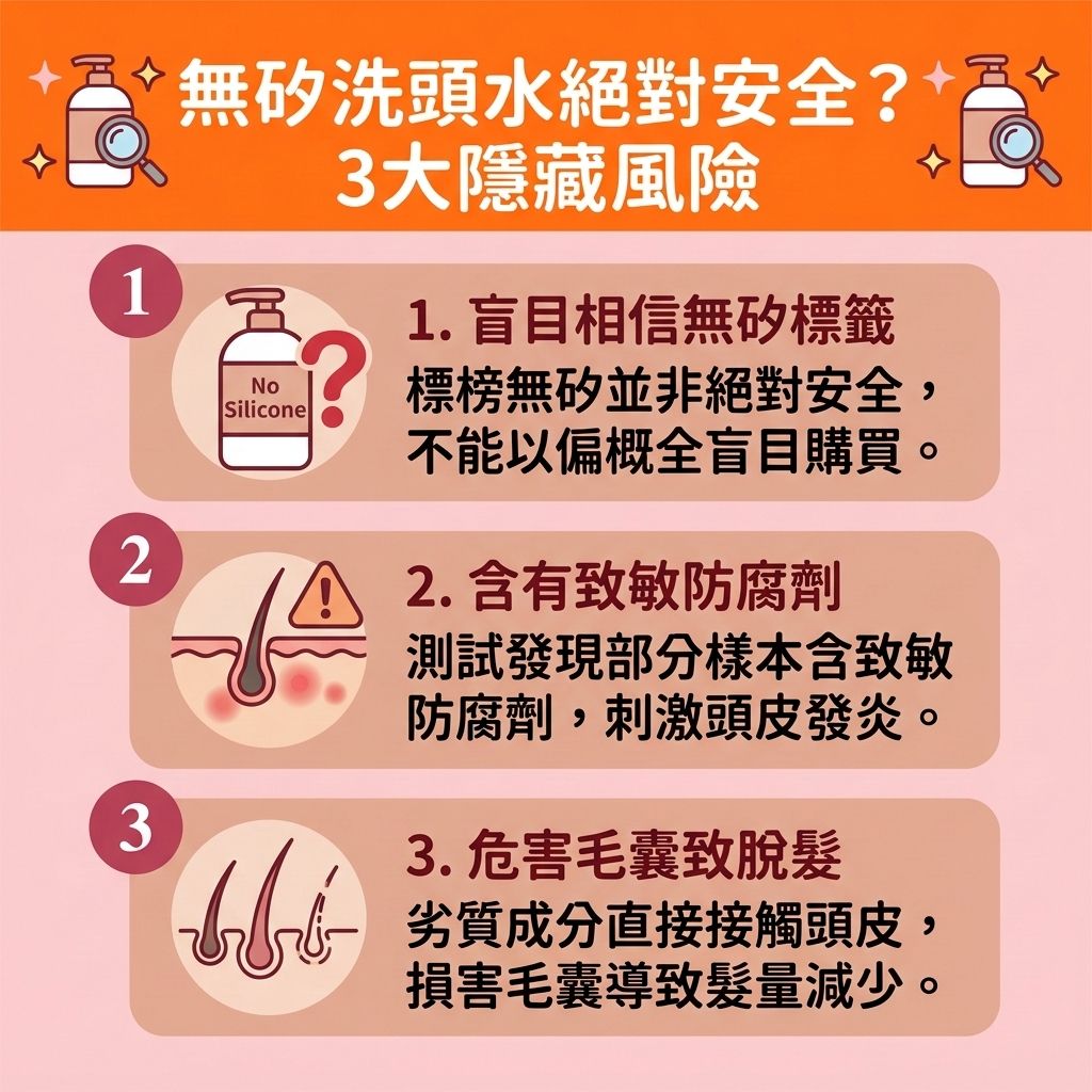 這是一張 1:1 正方形的可愛扁平化向量資訊圖表，以台灣健康部落格風格解析【無矽洗頭水】的隱藏危機。圖中指出，為了【解決頭皮痕癢】與【增加頭髮蓬鬆度】，許多人會避免使用含【矽靈】的【洗頭水】與【護髮素】。然而，若產品含有致敏防腐劑，會破壞【頭皮】的【角質層】與【毛鱗片】，不僅無法【深層清潔頭皮】與【清潔頭皮污垢】，反而會【引起頭皮敏感】，甚至導致【皮脂腺】異常，造成油脂【堵塞毛孔】。

這不但無助於【減少頭皮屑】與【舒緩頭皮發炎】，更會嚴重損害【毛囊】，讓【頭髮】提早結束【生長期】進入【休止期】，加劇【脫髮】危機。特別是當體內【荷爾蒙】異常轉化為【雙氫睪酮】並引發【雄性禿】時，更需慎選洗劑。

作為正確的【預防脫髮方法】，我們必須【溫和清潔頭皮】並做好【日常頭皮護理】以【改善頭皮環境】。在【選擇防脫髮產品】或優質的【防脫髮洗頭水】時，務必看清成分。日常透過按摩【促進頭皮血液循環】（維持良好【血液循環】），補充【蛋白質】與【氨基酸】，有助於【強健脆弱髮根】與【修復受損髮絲】。若要【改善頭髮稀疏】，可搭配【生髮水】來【刺激毛囊再生】與【延長生長週期】，才能擁有真正健康的濃密秀髮！