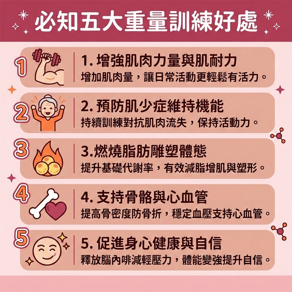 這是一張 1:1 正方形的扁平化向量資訊圖表插畫,嚴格採用台灣健康部落格懶人包風格。圖表以可愛、具教育性與醫美感的方式解析「必知五大重量訓練好處」,底部保持純淨無字並無縫應用背景色。
圖表詳細介紹了阻力訓練的優點。透過安排合適的重訓課表設計,使用自由重量如啞鈴、槓鈴,或使用機械式器材,能有效增強肌肉力量並增加肌肉量。訓練能強化核心肌群,提高關節穩定性以保護脆弱的關節,並促進骨質密度提升,有效預防骨質疏鬆。
在體態雕塑方面,重量訓練能刺激荷爾蒙(如睪固酮)分泌,幫助促進肌肉修復並避免肌肉流失。搭配高蛋白質的減脂增肌飲食,補充充足蛋白質並嚴格控制熱量攝取,能有效提升基礎代謝與整體的基礎代謝率,加速整體新陳代謝並消耗大量卡路里。這不僅有助於燃燒深層脂肪,精準打擊頑固的脂肪細胞、皮下脂肪與內臟脂肪;結合高強度間歇訓練,更能順利突破減肥停滯期,控制體重,輕鬆打造易瘦體質並完美修飾身體線條,全面增加肌肉量。
若追求極致的體態,圖表側邊的醫美專區建議結合醫學美容的無創減脂技術與局部減脂療程。透過先進的溶脂科技進行醫美定位修形,能進一步改善皮膚鬆弛,讓您全方位散發自信與健康光彩!
若追求極致的體態雕塑,圖表側邊的醫美專區建議可結合醫學美容的無創減脂技術與局部減脂療程。透過先進的溶脂科技進行醫美定位修形,能進一步改善皮膚鬆弛,讓您全方位散發自信與健康光彩!