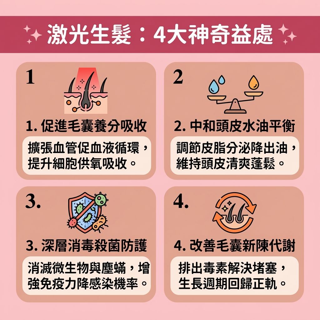 這是一張扁平化向量醫美資訊圖表，介紹【預防脫髮方法】與【無痛生髮技術】。圖中展示【專業生髮中心】的【無創生髮療程】，利用【低能量激光】（特定波長的【紅光】與【激光】）【深入照射頭皮】。這能【刺激毛囊再生】、【激活休眠毛囊】並【提升細胞活力】，促使【細胞】產生【三磷酸腺苷】。

透過光熱效應，能【促進頭皮血液循環】與維持良好的【血液循環】，幫助【毛囊】吸收【營養】、【蛋白質】、【角蛋白】及【膠原蛋白】，從而【修復受損毛囊】並【強健脆弱髮根】（保護【髮根】）。針對【雄性禿】與體內【雙氫睪酮】過高引起的【脫髮】，此技術能有效【治療雄性禿】及【改善女性脫髮】，為【解決異常掉髮】的良方。

它更能【控制油脂分泌】以調節【皮脂腺】，優化【新陳代謝】並【改善頭皮環境】。這讓頭髮從【休止期】順利進入【生長期】，不僅【延長生長週期】，更能【促進頭髮生長】、【改善頭髮稀疏】並大幅【增加頭髮密度】！