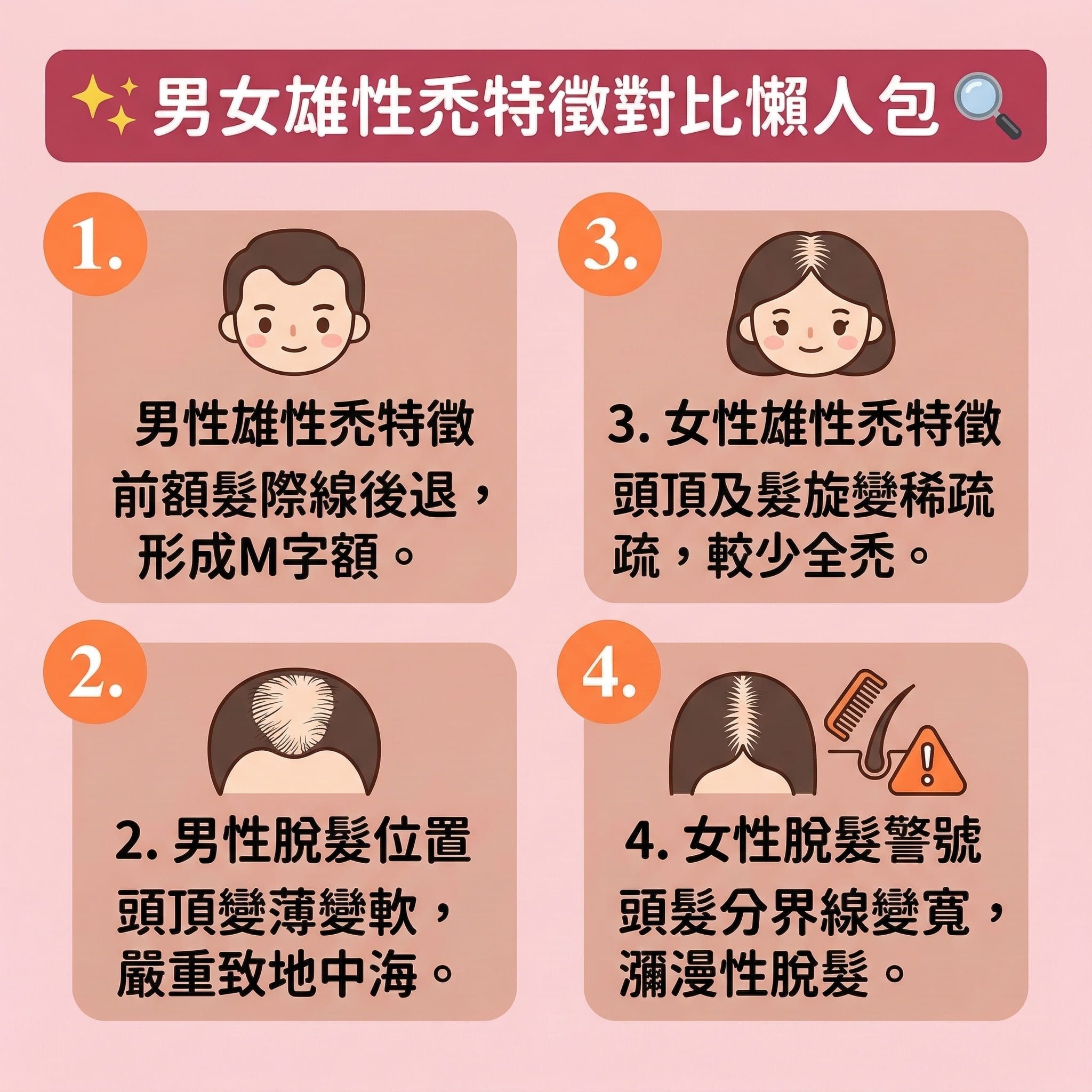 這是一張 1:1 正方形的可愛扁平化向量資訊圖表，採用台灣健康部落格風格，詳細對比男女【雄性禿】與【女性脫髮問題】的特徵差異。圖表解釋了【雄性禿成因】，指出【遺傳】與【壓力】會影響體內【荷爾蒙】及【雌激素】的平衡。當【睪酮】轉化為【雙氫睪酮】時，會強烈攻擊【頭皮】與【毛囊】，引發【脂溢性脫髮】及【遺傳性脫髮】等嚴重的【脫髮】危機。

男性患者常伴隨【頭皮油脂分泌】過盛及【皮脂腺】阻塞引發的【毛囊炎】；而女性則多見頭頂分界線變寬。圖表下方提供了多種【預防脫髮方法】與【雄性禿治療】建議：日常護理可使用含【咖啡因】的【洗頭水】、【防脫髮洗頭水】或【咖啡因洗髮露】，以改善【血液循環】、【強健髮根】並【減少掉髮】。

針對脫髮情況較嚴重者，圖表側重醫美與醫學建議，指出【抑制荷爾蒙】是關鍵。建議可諮詢醫生使用【口服生髮藥】（如【非那斯特萊】）或【外用生髮水】（如含有【米諾地爾】的【生髮水】），以幫助【激活休眠毛囊】、【延長生長週期】、【促進頭髮生長】及【改善頭髮稀疏】。同時提醒患者需留意【生髮藥物副作用】與任何【副作用】。若毛囊已完全萎縮，圖表亦推薦尋求【專業生髮療程】或進行【植髮】手術，全方位解決三千煩惱絲的問題。