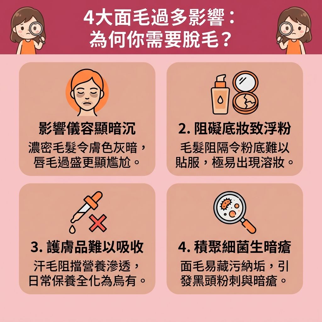 這是一張台灣健康部落格風格的 1:1 正方形向量資訊圖表，詳細解說面毛與唇毛過多的負面影響。為了解決煩惱，許多人搜尋面部脫毛推薦或脫面毛邊間好。若使用傳統的剃刀、化學脫毛膏、古法線面或忍受蜜蠟脫毛痛楚（使用蜜蠟），極易引發嚴重的拔面毛後遺症，導致皮膚受損、角質變薄，甚至讓毛囊發炎（需解決毛囊發炎），產生紅腫與炎症，讓黑色素積聚。

為避免皮膚灼傷並減少色素沉澱，專業醫生建議了解激光脫毛原理。相較於自行研究家用脫毛機比較與光學脫毛機用法，專業的光學儀器能釋放特定波長與穩定能量。特別是針對敏感肌，具備冰感技術的無痛激光脫毛是最佳選擇。只要完成足夠的脫毛療程次數，便能達到安全的永久脫毛效果。

透過專業激光療程，配合正確的脫毛前後護理與溫和去角質，不僅能舒緩脫毛紅腫，更能收細粗大毛孔，讓毛孔隱形。這能徹底改善唇邊暗沉、大幅提升護膚品吸收，並從根本改善化妝浮粉問題，重塑白滑無瑕的膚質。