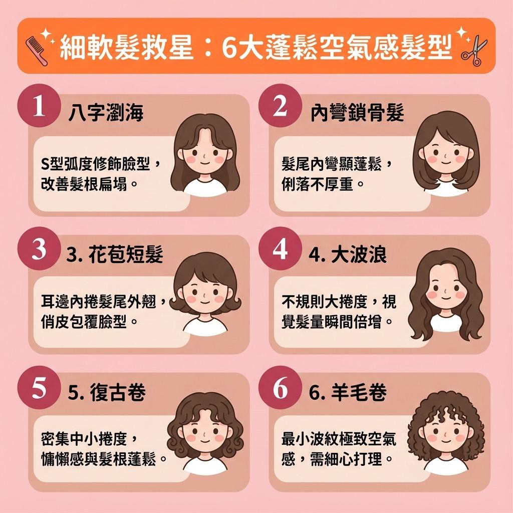 這是一張 1:1 正方形的可愛扁平化向量插畫，以台灣健康部落格風格展示6款能【增加頭髮蓬鬆度】與【解決頭髮扁塌】的流行髮型。圖中可愛的女孩展示著不同的捲度，但要維持完美空氣感，健康的【頭皮】與【毛囊】絕對是關鍵。

若體內【荷爾蒙】失調導致【皮脂腺】分泌過多【頭油】，容易引發【脫髮】與【改善頭髮稀疏】的煩惱。因此，我們必須【溫和清潔頭皮】與【深層清潔頭皮】，並做好【日常頭皮護理】以【改善頭皮環境】。選擇合適的【洗頭水】（如【防脫髮洗頭水】）能有效【控制頭皮出油】與【控制油脂分泌】。配合【正確洗頭方法】，洗後盡快用【風筒】吹乾，並注意【熱力】控制，以免傷害【髮根】與【髮絲】表面的【角質層】，徹底落實【吹乾頭皮防菌】。

日常保養可使用【護髮素】或【護髮油】來補充【蛋白質】與【氨基酸】，這有助於【修復受損髮絲】、【撫平毛鱗片】（保護【毛鱗片】）並【減少頭髮毛躁】。梳理時選用優質【梳子】能【減少靜電摩擦】與【靜電】困擾。同時，透過頭皮按摩來【促進頭皮血液循環】（維持良好【血液循環】），能有效【強健脆弱髮根】並【增加頭髮密度】，讓你輕鬆擁有迷人的【順滑光澤秀髮】！