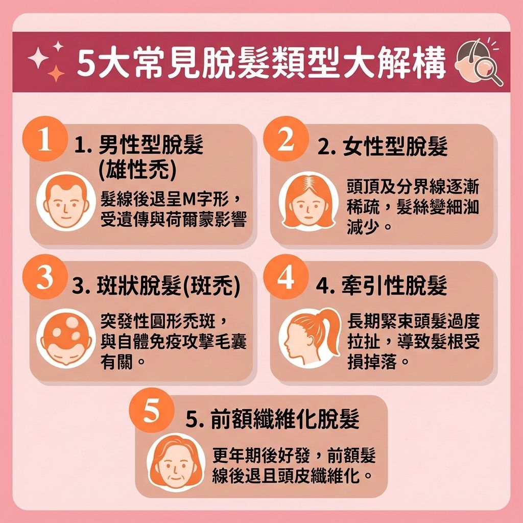 這是一張 1:1 正方形的可愛扁平化向量資訊圖表，採用台灣健康部落格風格，詳細圖解5大【脫髮】類型與【預防脫髮方法】。圖表指出，因遺傳或【產後脫髮成因】影響，體內【睪酮】等【荷爾蒙】會轉化為【雙氫睪酮】，無情攻擊【毛囊】並擾亂【皮脂腺】，縮短頭髮的【生長期】並提早進入【休止期】。這會引發嚴重的【雄性禿】，導致【頭皮】外露與【斑禿】，甚至因發炎引發【頭瘡】。

為了【改善頭髮稀疏】並【解決前額脫髮】，圖中建議日常必須【選擇防脫髮產品】如優質的【防脫髮洗髮露】，進行【頭皮深層清潔】以【改善頭皮環境】。同時，需維持良好的【血液循環】來【促進頭皮血液循環】，並【補充頭髮營養】，攝取充足的【蛋白質】、【鐵質】、【鋅質】、【維他命】與【角蛋白】。

若要【改善髮線後移】並【減少掉髮數量】，可以使用含藥效的【生髮水】來【抑制男性荷爾蒙】。對於嚴重的掉髮，尋求【專業生髮療程】能有效【強健脆弱髮根】、【延緩毛囊萎縮】、【激活休眠毛囊】並【刺激毛囊再生】。這些對策能【延長生長週期】、【增加頭髮密度】，若最終毛囊已徹底損壞，