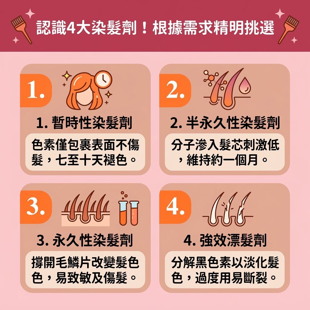 這是一張 1:1 正方形的醫美資訊圖表，介紹四種【染髮劑】及【染髮副作用】。圖中顯示，進行【漂髮】或使用含有【雙氧水】、【氨水】及【對苯二胺】等【染髮劑成分】的產品時，必須做好【染髮前頭皮隔離】以【隔離化學傷害】。若不慎處理，容易引發【頭皮】【敏感】與【紅腫】，甚至導致嚴重【脫髮】。

這些化學物會強制撐開【毛鱗片】，分解【毛囊】中的【黑色素】，並破壞【角質層】，導致【水分】與【蛋白質】流失。為【解決頭髮乾燥】與【防止頭髮斷裂】，我們必須重視【染髮後護理】與【漂染頭髮保養】。日常可考慮【植物性染髮推薦】，並使用【護色洗頭水】來【溫和清潔頭皮】，以【預防頭髮褪色】及減緩【褪色】。

洗髮後搭配【護髮素】與【髮膜】，進行【鎖水保濕護理】，能有效【深層滋潤頭髮】並【補充頭髮營養】。這樣不僅能【修復受損髮絲】、【撫平頭髮毛躁】、【改善頭髮打結】，還能做到【減少熱力傷害】。只要保護好脆弱的【髮絲】，就能預防【染髮頭皮敏感】，大幅【增加頭髮光澤】！