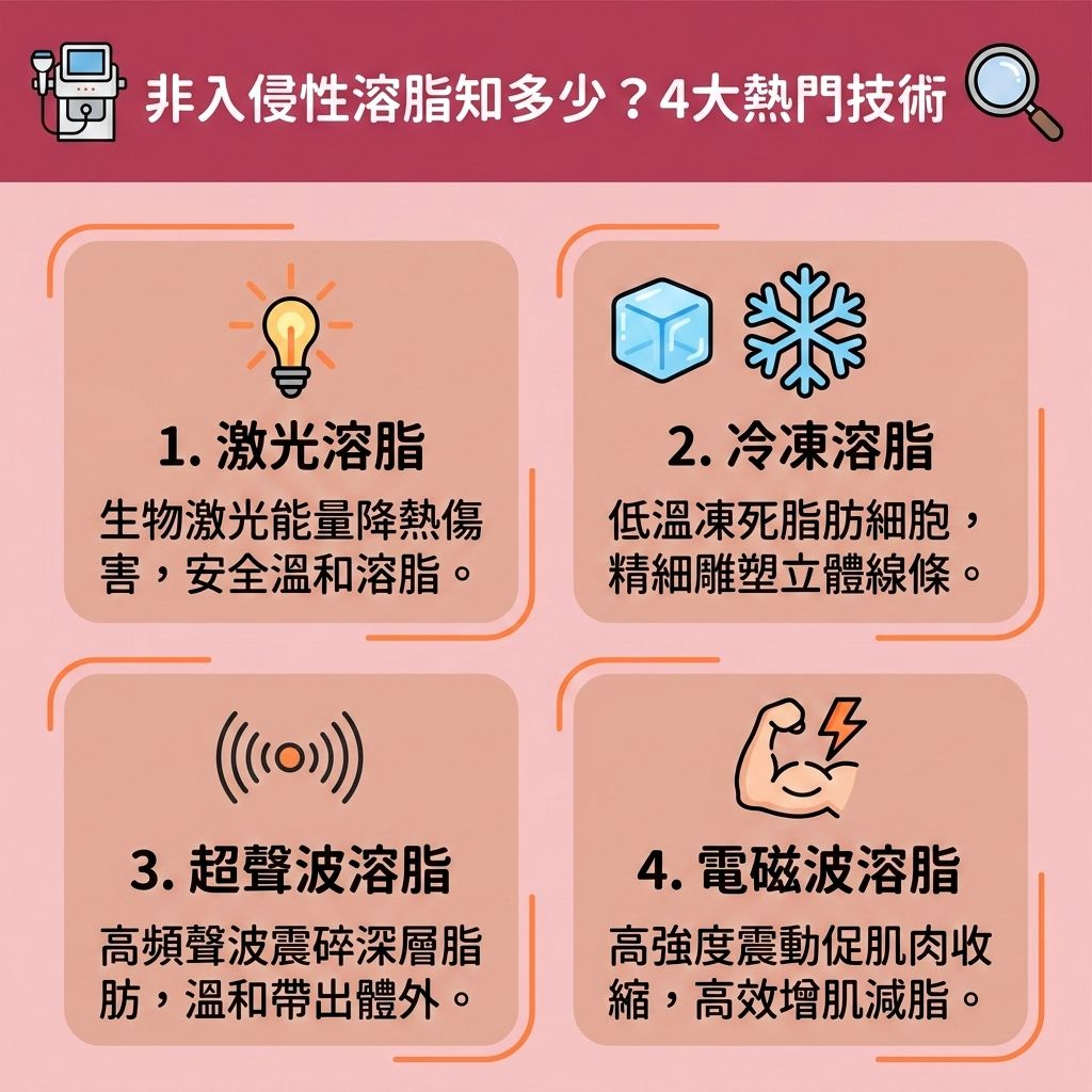 這是一張台灣健康部落格風格的正方形醫美資訊圖表，深入解析了四種主流的無創減脂技術（非入侵性溶脂療程）。如果您正為體重停滯與高體脂率煩惱，想突破減肥瓶頸並進行安全無痛減肥，這些無需開刀手術的技術是極佳的選擇。

圖表中介紹的第一種是激光溶脂，它利用特定的激光能量穿透真皮層與皮下脂肪，能溫和地溶解脂肪細胞與消除頑固脂肪。第二種是冷凍溶脂，它針對脂肪細胞不耐寒的特性進行局部定位修形。第三種是超聲波技術，能震碎深層脂肪層。最後則是能幫助燃燒體內脂肪並增肌的電磁波技術。

這些療程透過專業探頭進行針對性減脂肪，例如針對肚腩、雙下巴、手臂與大腿等部位。它們不僅能減少脂肪積聚，還能活化淋巴系統，促進新陳代謝並疏通淋巴排毒，將代謝後的物質當作排出體外廢物處理，從而改善下半身水腫（消除水腫）。

此外，這些技術在溶脂的同時，能刺激膠原增生（補充膠原蛋白），有效收緊鬆弛皮膚與提升肌膚彈性，助您塑造緊緻身段。香港完美醫療提供專業的醫學美容服務，為您量身打造縮短恢復時間的專屬瘦身方案！