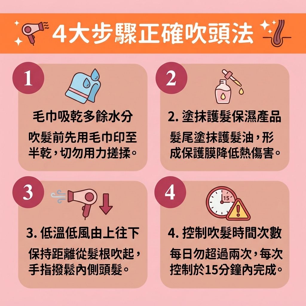 這是一張1:1正方形扁平化向量插畫，以台灣健康部落格風格圖解【正確吹頭方法】與【日常頭髮護理】。圖中顯示，洗髮後若不【快速吹乾頭髮】並【吹乾頭皮防菌】，【頭皮】的【角質層】與【皮脂腺】易受損，可能引發【脫髮】。

挑選【風筒】時，建議參考【負離子風筒推薦】，選擇具備優良【摩打】、【發熱線】及【恆溫護髮功能】的產品。這能釋放【負離子】，有效【減少靜電摩擦】與【靜電】。

吹髮時必須【控制吹頭溫度】與【風速】，利用【恆溫】及【冷熱風交替】（適時使用【冷風】），避免過高【溫度】與【熱力】造成【熱風傷害髮絲】與【避免燙傷頭皮】。這能【保護毛鱗片】（【毛鱗片】），【防止頭髮乾枯】，並【鎖住頭髮水分】（保留【水分】）。

搭配【頭皮保濕護理】與護髮品，能補充【蛋白質】，【舒緩頭皮敏感】，避免【毛囊】與【髮根】受損導致【頭髮脆弱易斷】及【改善髮質變差】。只要掌握訣竅，就能【減少頭髮毛躁】，輕鬆擁有【順滑光澤秀髮】與健康強韌的【頭髮】！