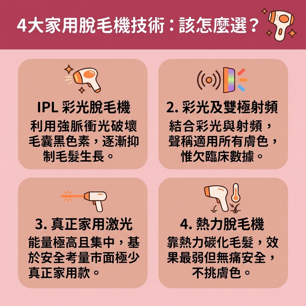 這是一張台灣健康部落格風格的 1:1 正方形向量資訊圖表，分析4大家用脫毛機技術。日常如果用錯剃刀或舊刮毛刀（未注意剃毛刀片更換），沒有遵守剃毛正確步驟與正確的順毛逆毛剃法，很容易引發剃毛後遺症，例如皮膚受損、角質變薄，並導致炎症與紅腫。因此，不管是處理腋下、小腿、汗毛、面毛，或是特別需要私密處剃毛注意的部位，都要做好剃毛前後護理，以避免皮膚刮傷。

相較於化學脫毛膏或疼痛的蜜蠟，光學脫毛機是極佳的敏感肌脫毛方法。這能避免產生剃毛越剃越粗的錯覺，並幫助解決毛囊發炎及舒緩剃毛紅腫。儀器利用激光或彩光破壞毛囊中的黑色素，能減少色素沉澱、改善毛髮倒生並預防毛孔粗大。

對敏感肌而言，除了使用光學儀器外，日常也需溫和去角質，並塗抹潤膚霜來滋潤保濕皮膚與舒緩痕癢不適。若追求極致安全且長效的永久脫毛效果，專業醫生通常會給予專業醫療級的激光脫毛推薦。在療程後，正確保養能完美收細粗大毛孔，讓毛孔與毛髮隱形，重塑白滑肌膚。