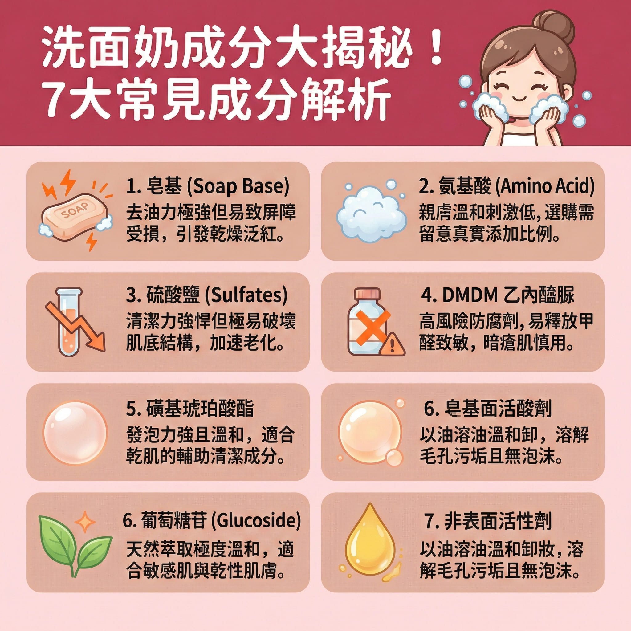 這是一張正方形扁平化的台灣健康部落格風格資訊圖表，詳細解說洗面奶與潔面乳的成分差異。圖表強調，要做到深層清潔與溫和潔淨，並保護皮膚屏障與皮脂膜，挑選成分是關鍵。若使用強烈表面活性劑，容易損傷角質層。

圖表建議使用含氨基酸或透明質酸的無添加低敏配方，能產生綿密泡沫，達到洗後不緊繃，並能維持水油平衡與控制油脂分泌。這類護膚品有助於深入皮脂腺，疏通毛孔並去除老廢角質，從而減少黑頭粉刺、清理黑頭與粉刺，並預防暗瘡及舒緩紅腫發炎。

對於敏感肌或暗瘡肌膚，應避免過度清潔，洗臉後可搭配保濕霜以修復受損屏障。若有化妝，需先使用卸妝產品來徹底卸除彩妝，也可適度搭配洗面機輔助。正確清潔不僅能改善粗糙膚質、提亮暗沉膚色，更能提升後續吸收。圖表建議若有嚴重困擾可諮詢皮膚科醫生，最後推薦體驗完美醫療的專業醫學美容項目——暗瘡分手療程，為您量身打造無瑕健康肌膚！