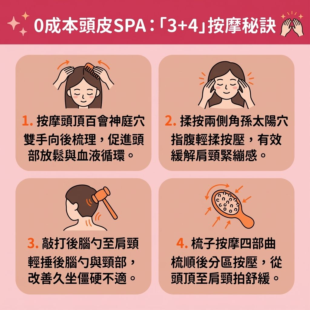這是一張 1:1 正方形的可愛扁平化醫美資訊圖表，教導大家【日常頭皮護理】與【正確洗頭步驟】後的按摩法。現代人因【壓力】影響【神經】與【睡眠】，導致【皮脂腺】分泌過多【油脂】，堵塞【頭皮】【毛孔】與深層【毛囊】。洗頭時用【洗頭水】配合【指腹】【深層清潔毛孔】，能去除老廢【角質層】。

洗後可塗抹【精油】，【幫助吸收精華】以【修復受損頭皮】。使用【梳子】或雙手【按摩頭部穴位】（如百會穴與神庭穴），能【疏通頭皮經絡】及刺激【微絲血管】。這不僅能【促進血液循環】與維持良好的【血液循環】，更能【舒緩頭皮緊繃】、【減輕頭痛疲勞】、【緩解精神壓力】，進而【改善睡眠質素】。

透過正確按摩，能有效【調節油脂分泌】、【減少頭皮痕癢】，並【預防毛囊萎縮】。豐富的養分與【蛋白質】能順利輸送到【髮根】，【強健脆弱髮根】、【刺激毛囊生長】。這能預防【脫髮】、【改善脫髮問題】，最終達到【調理頭皮健康】與大幅【增加頭髮蓬鬆度】的完美效果！