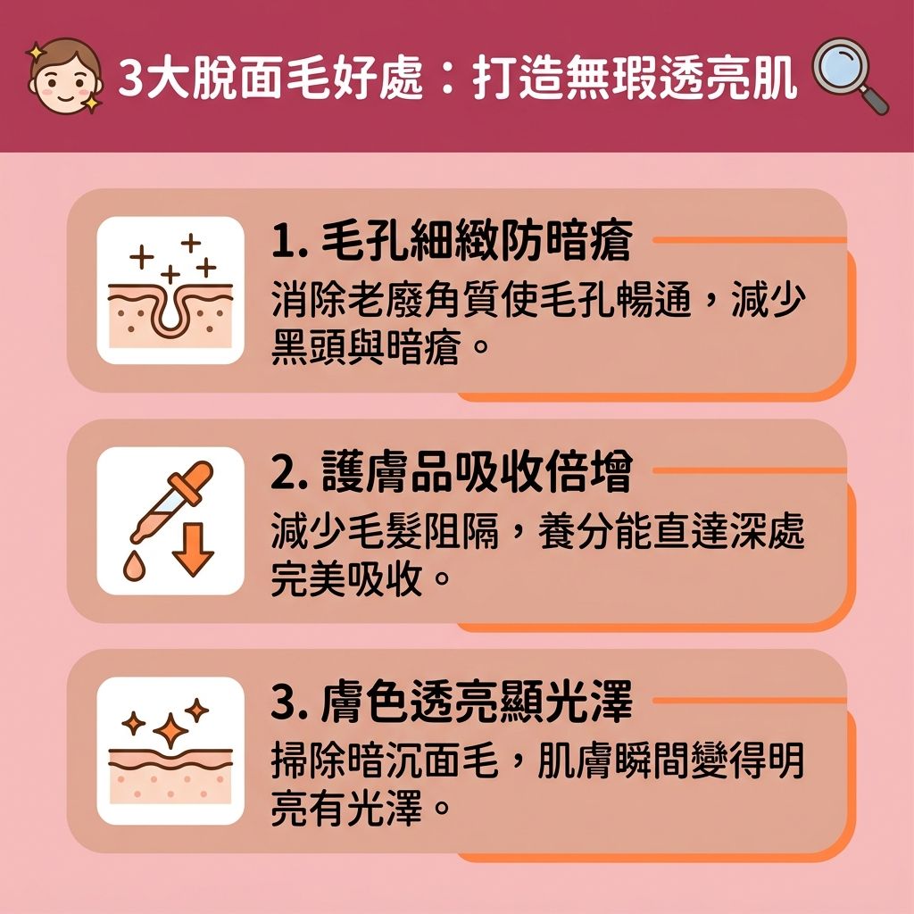這是一張台灣健康部落格風格的 1:1 正方形資訊圖表，詳細圖解了面毛與唇毛的脫毛好處。圖表指出，若使用剃刀、蜜蠟、脫毛膏或傳統的線面技巧，可能因難以忍受的蜜蠟脫毛痛楚或過度拉扯，造成嚴重的拔面毛後遺症。這會導致皮膚表層的毛孔與毛囊受損，進而引發紅腫、炎症及黑色素沉澱。

為了解決毛囊發炎並避免皮膚灼傷，尤其是敏感肌族群，應慎選合適的面部脫毛推薦。深入了解激光脫毛原理後，尋找專業醫生操作的無痛激光脫毛（如激光與光學儀器）是極佳選擇。許多人上網搜尋「脫面毛邊間好」，正是因為專業儀器能精準控制波長與能量，搭配冰感技術，能有效舒緩脫毛紅腫，帶來理想的永久脫毛效果。若選擇在家操作，則需參考家用脫毛機比較與正確的光學脫毛機用法，並留意完整的脫毛療程次數。

日常務必做好脫毛前後護理，配合溫和去角質來去除老廢角質。這不僅能減少色素沉澱、改善唇邊暗沉，還能收細粗大毛孔。毛孔暢通後，能大幅提升護膚品吸收，並讓妝容更服貼以改善化妝浮粉，重拾明亮光澤的無瑕肌膚。