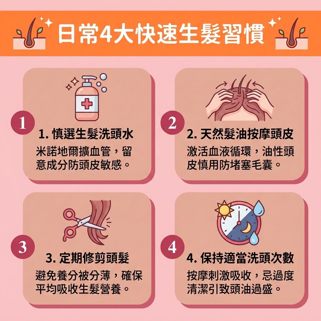 這是一張 1:1 正方形的可愛扁平化向量資訊圖表，呈現台灣健康部落格風格，教導大眾【預防脫髮方法】與【快速生髮】的秘訣。圖表指出，若【荷爾蒙】失調轉化為【雙氫睪酮】，會攻擊【頭皮】的【毛囊】，誘發【雄性禿】與異常【脫髮】，導致【髮線】與【額角】後退。為【解決前額脫髮】與【改善髮線後移】，必須謹慎【選擇防脫髮產品】，如使用【防脫髮洗髮露】或含【米諾地爾】的【生髮水】，配合口服【非那斯特萊】來【抑制男性荷爾蒙】。

日常應做好【頭皮深層清潔】以【改善頭皮環境】，避免【皮脂腺】堵塞，有助於【延緩毛囊萎縮】。透過按摩來【改善頭皮血液循環】（促進良好的【血液循環】），能【激活休眠毛囊】並【刺激毛囊再生】。同時需【補充頭髮營養】，攝取充足的【蛋白質】、【鐵質】與【維他命】，以【強健脆弱髮根】、【延長生長週期】、【促進頭髮生長】，從而【減少掉髮數量】。

建立這些習慣能有效【改善頭髮稀疏】並【增加頭髮密度】。若情況嚴重，建議尋求【專業生髮療程】或【生髮療程】（如【激光生髮】），甚至考慮【植髮】手術來徹底解決危機！